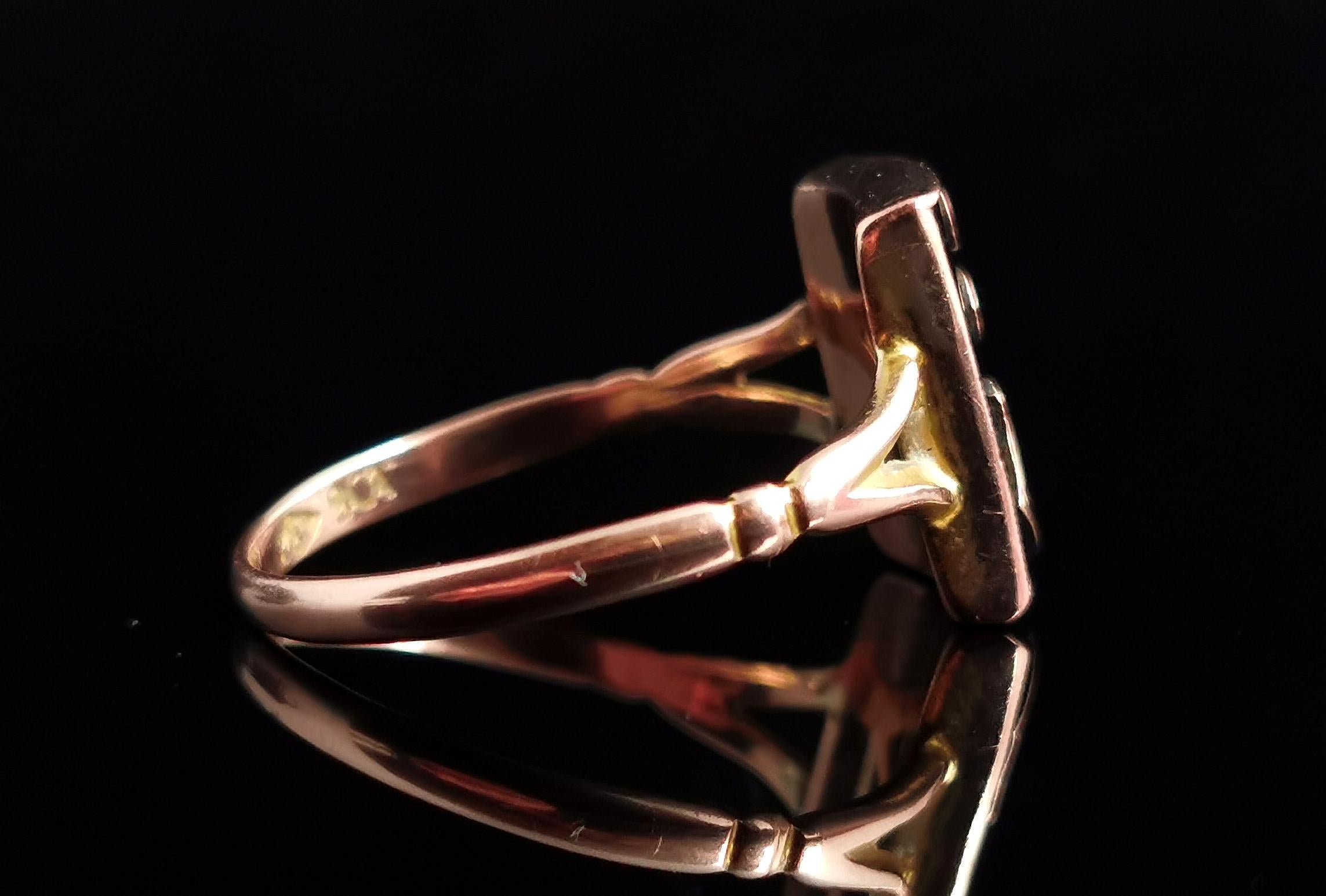 Antique Mourning Ring, 9k Rose Gold, Onyx, Initial J, Edwardian 1