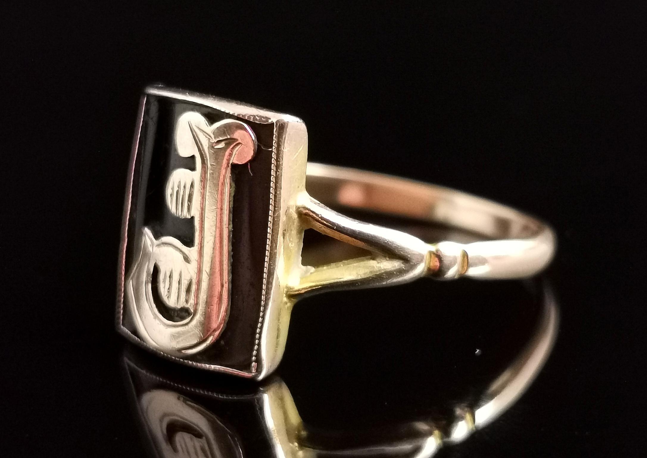 Antique Mourning Ring, 9k Rose Gold, Onyx, Initial J, Edwardian 2