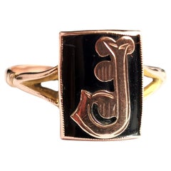 Antique Mourning Ring, 9k Rose Gold, Onyx, Initial J, Edwardian 