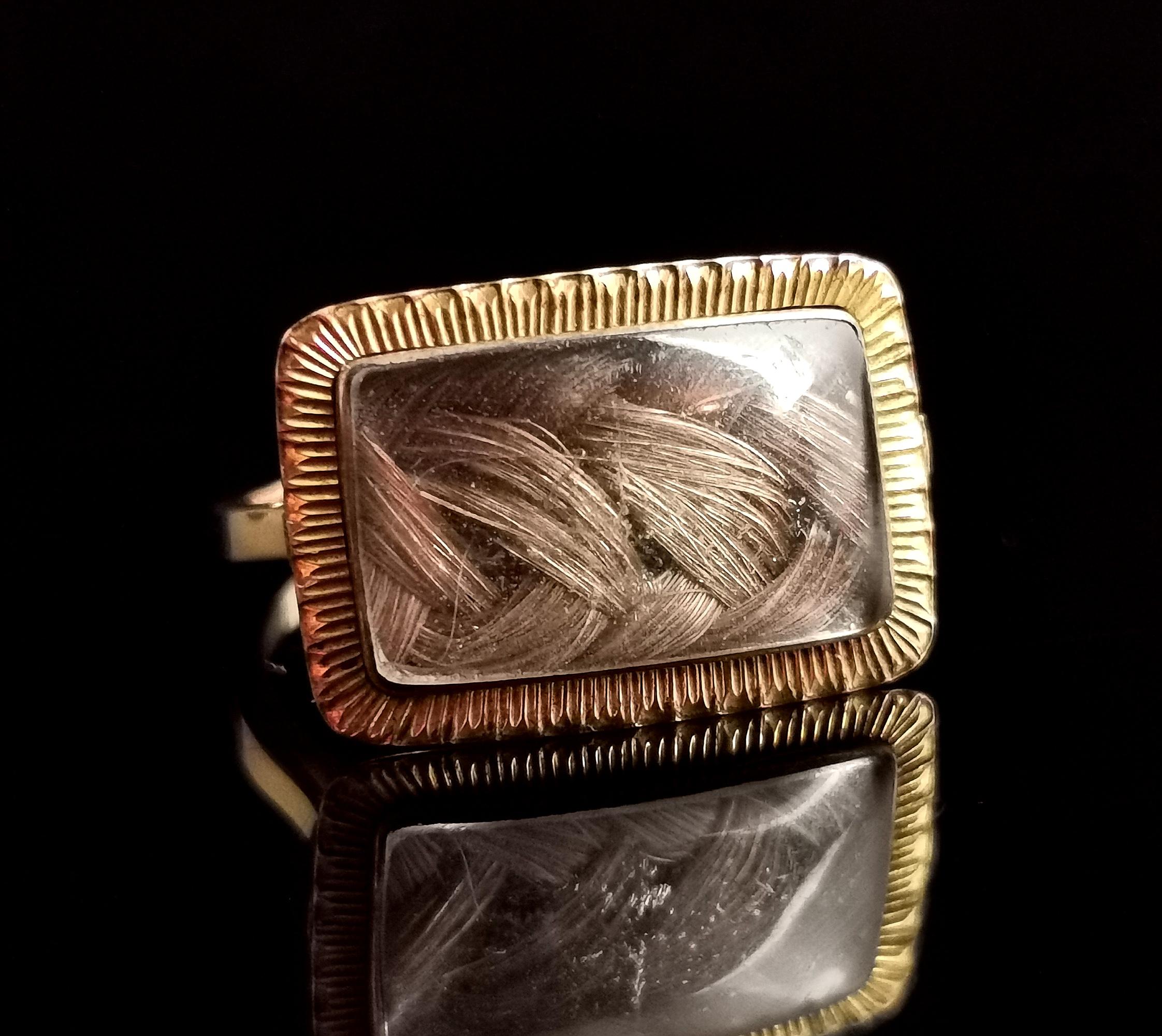  Bague de deuil ancienne, or jaune 9 carats, travail de cheveux, convertition Unisexe 