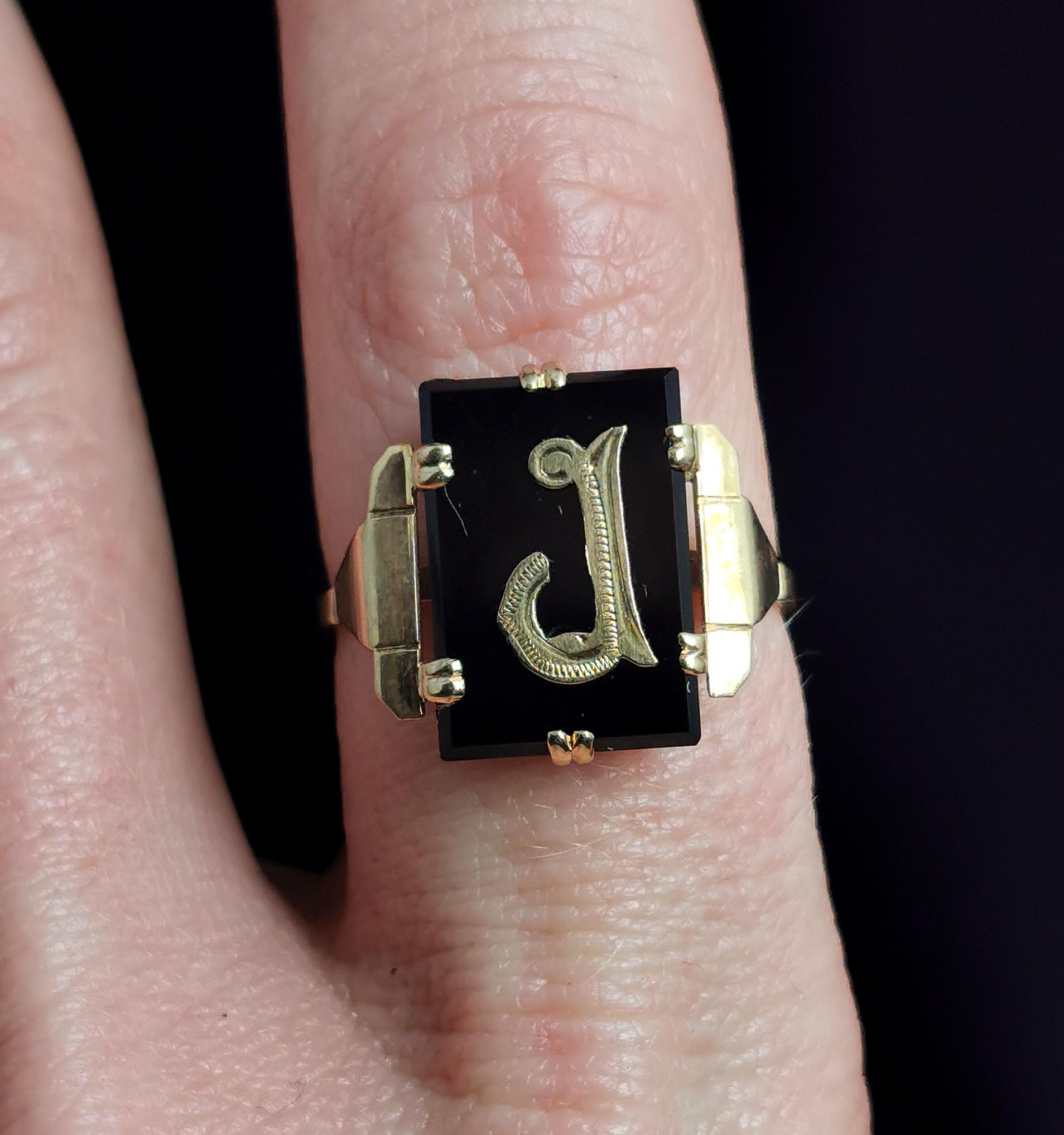 Antique Mourning Ring, Initial J, Onyx and 9k Yellow Gold, Signet Ring 4