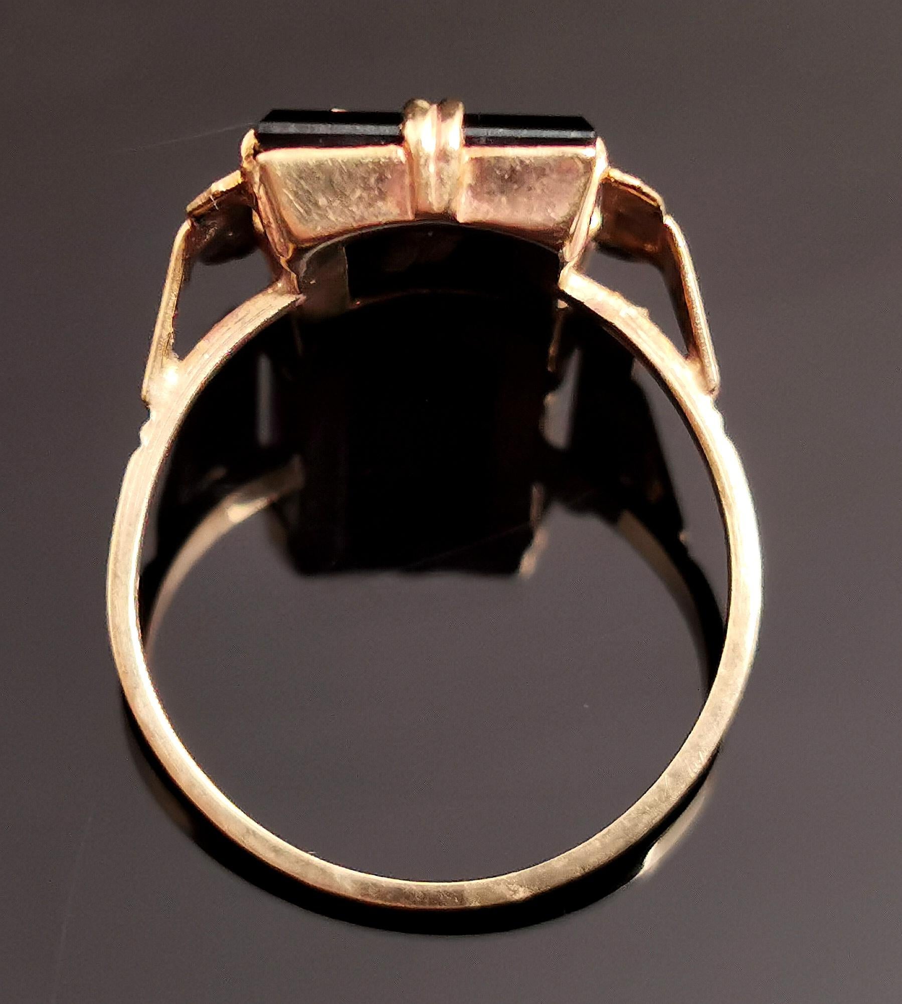 Antique Mourning Ring, Initial J, Onyx and 9k Yellow Gold, Signet Ring 6