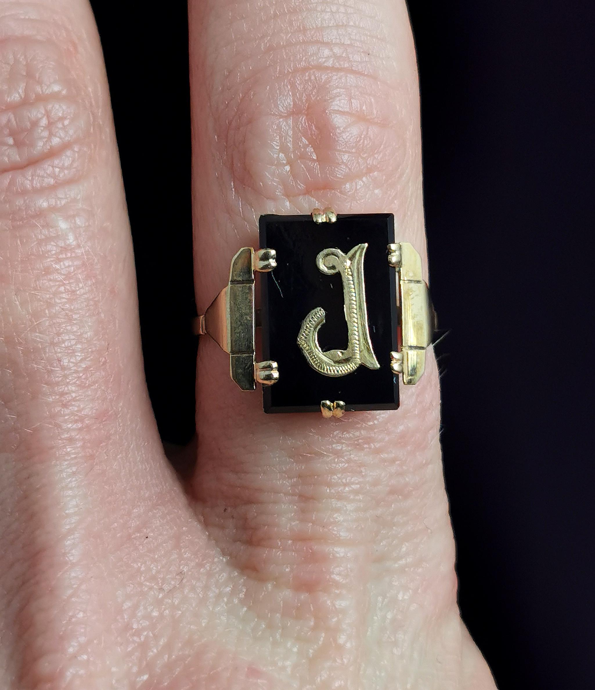 Uncut Antique Mourning Ring, Initial J, Onyx and 9k Yellow Gold, Signet Ring