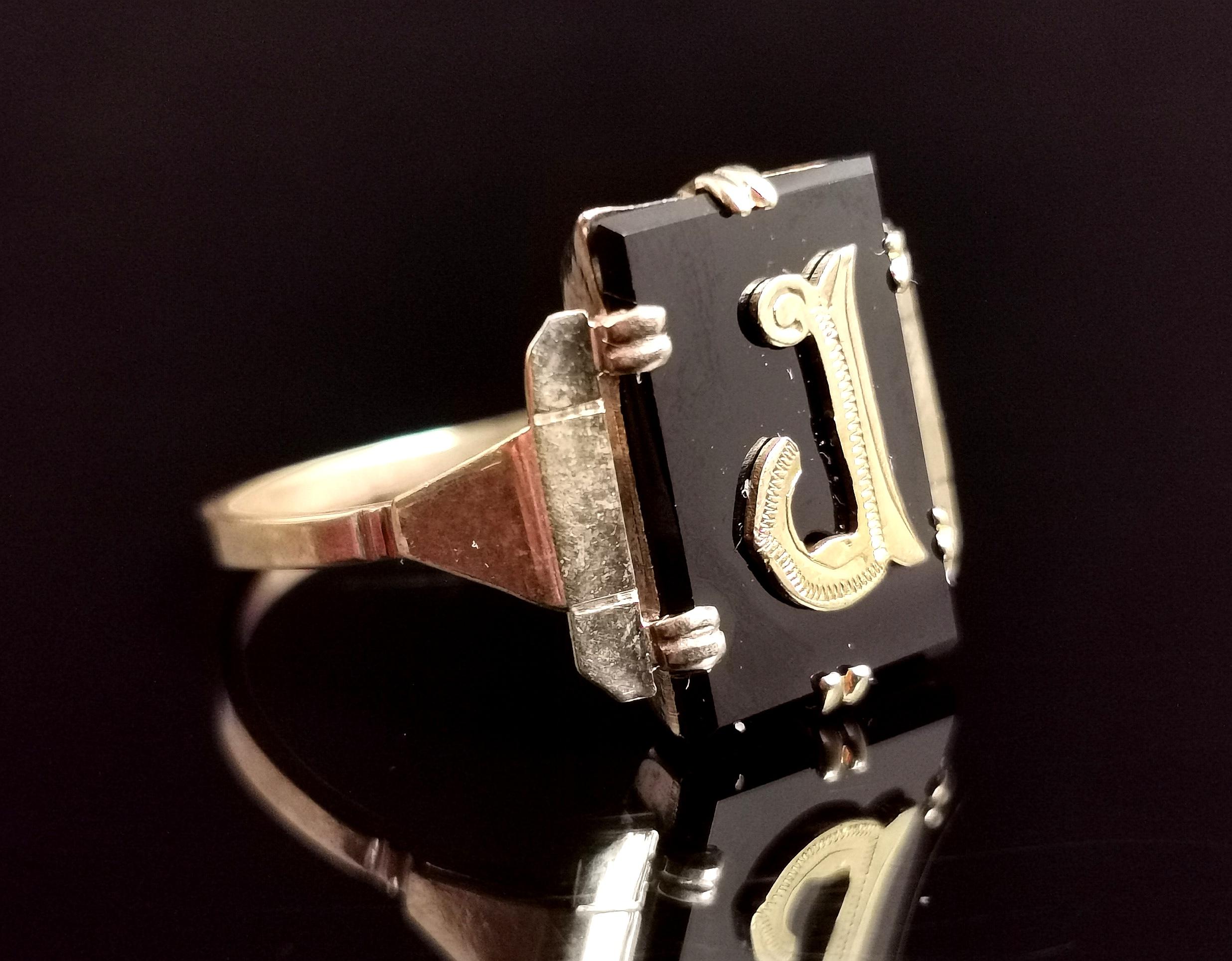 Women's or Men's Antique Mourning Ring, Initial J, Onyx and 9k Yellow Gold, Signet Ring
