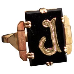 Antique Mourning Ring, Initial J, Onyx and 9k Yellow Gold, Signet Ring