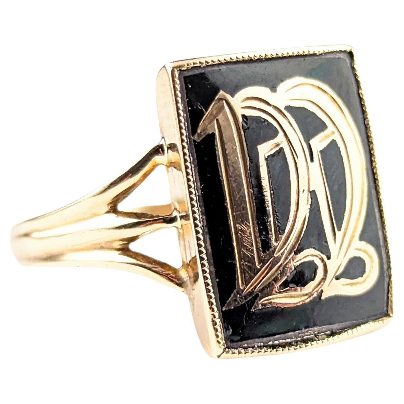 Antique Mourning signet ring, initial DD, black enamel and 9k gold  For Sale