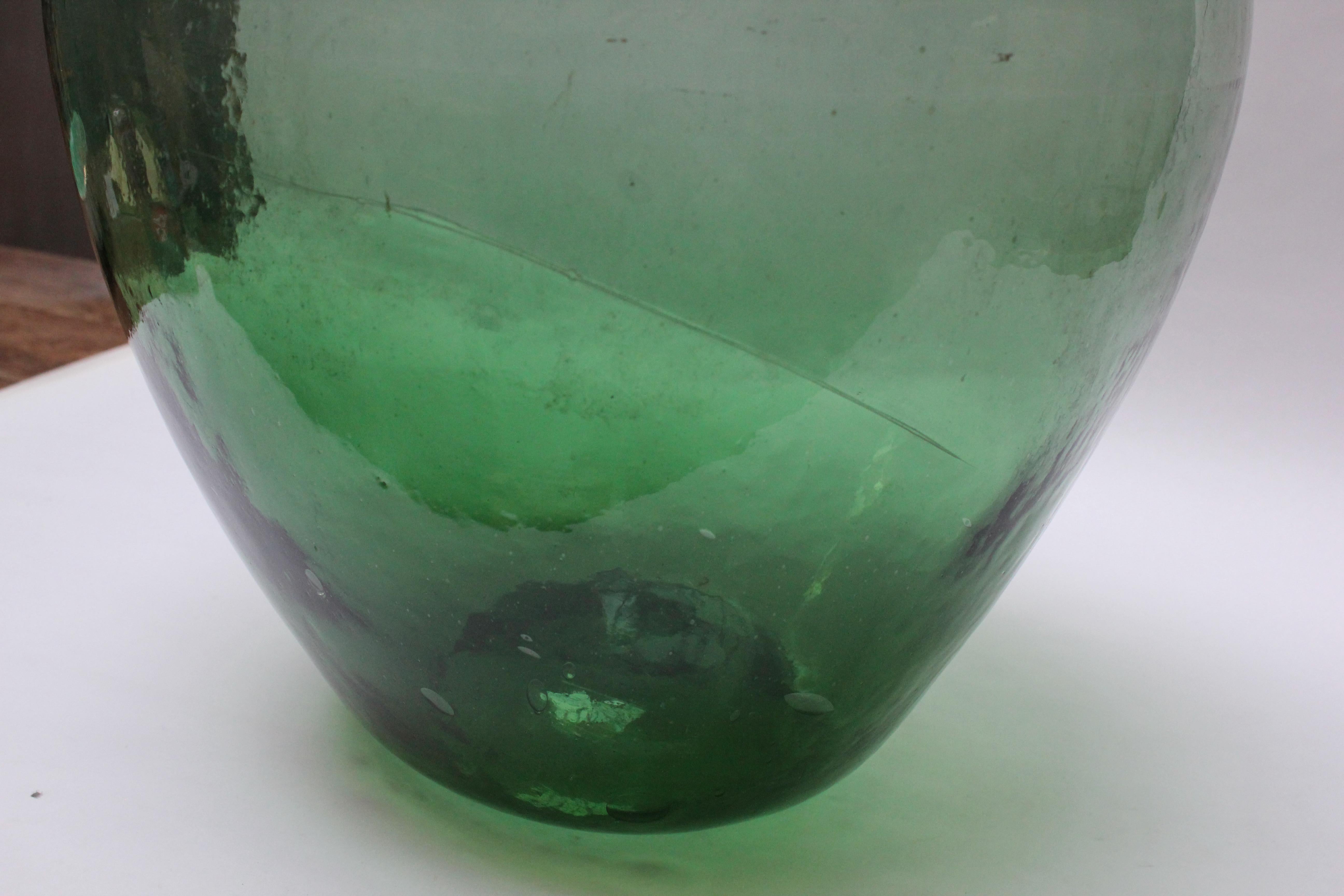 Antique Mouth Blown Glass Bulbous Demijohn in Emerald Green 3