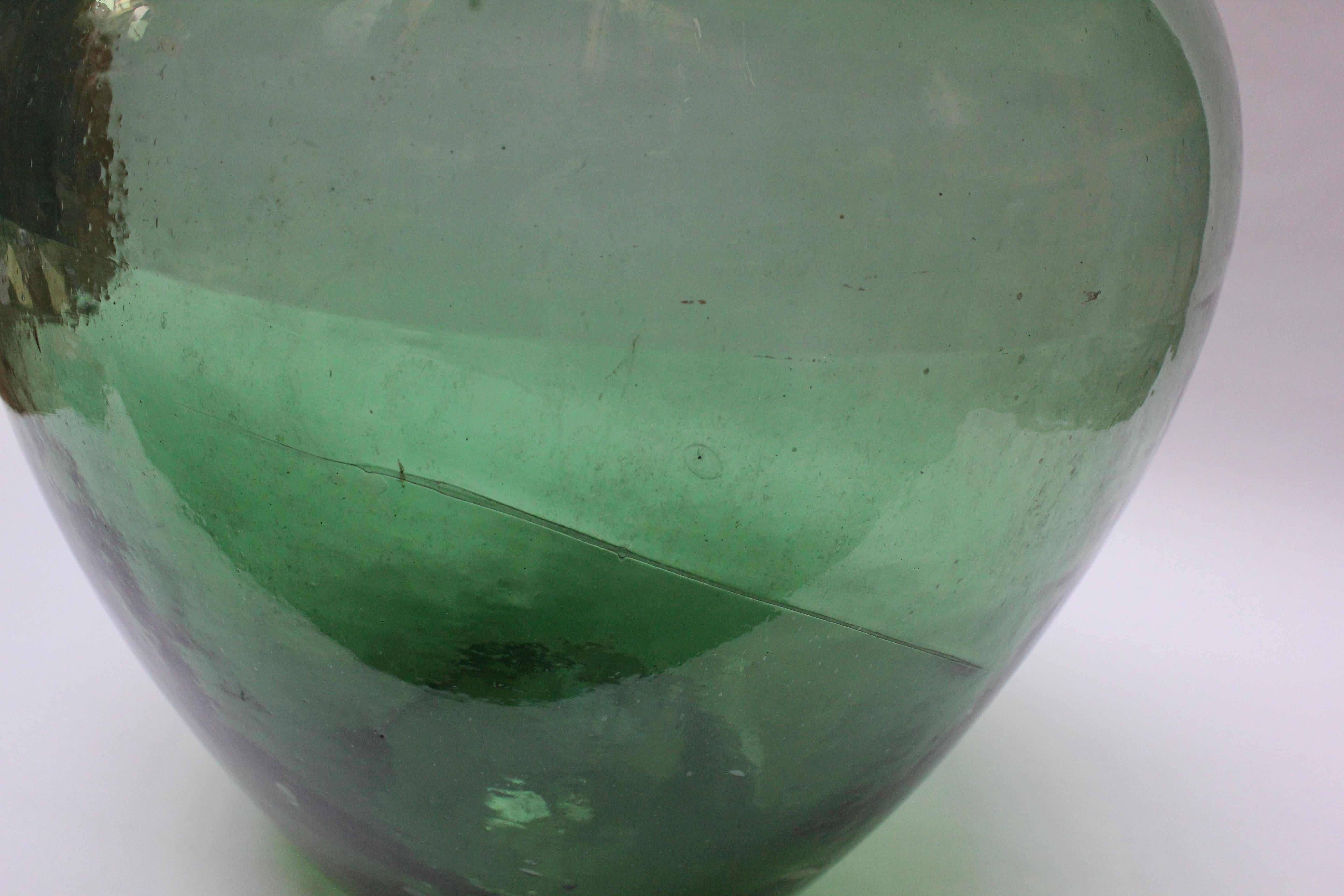 Antique Mouth Blown Glass Bulbous Demijohn in Emerald Green 4