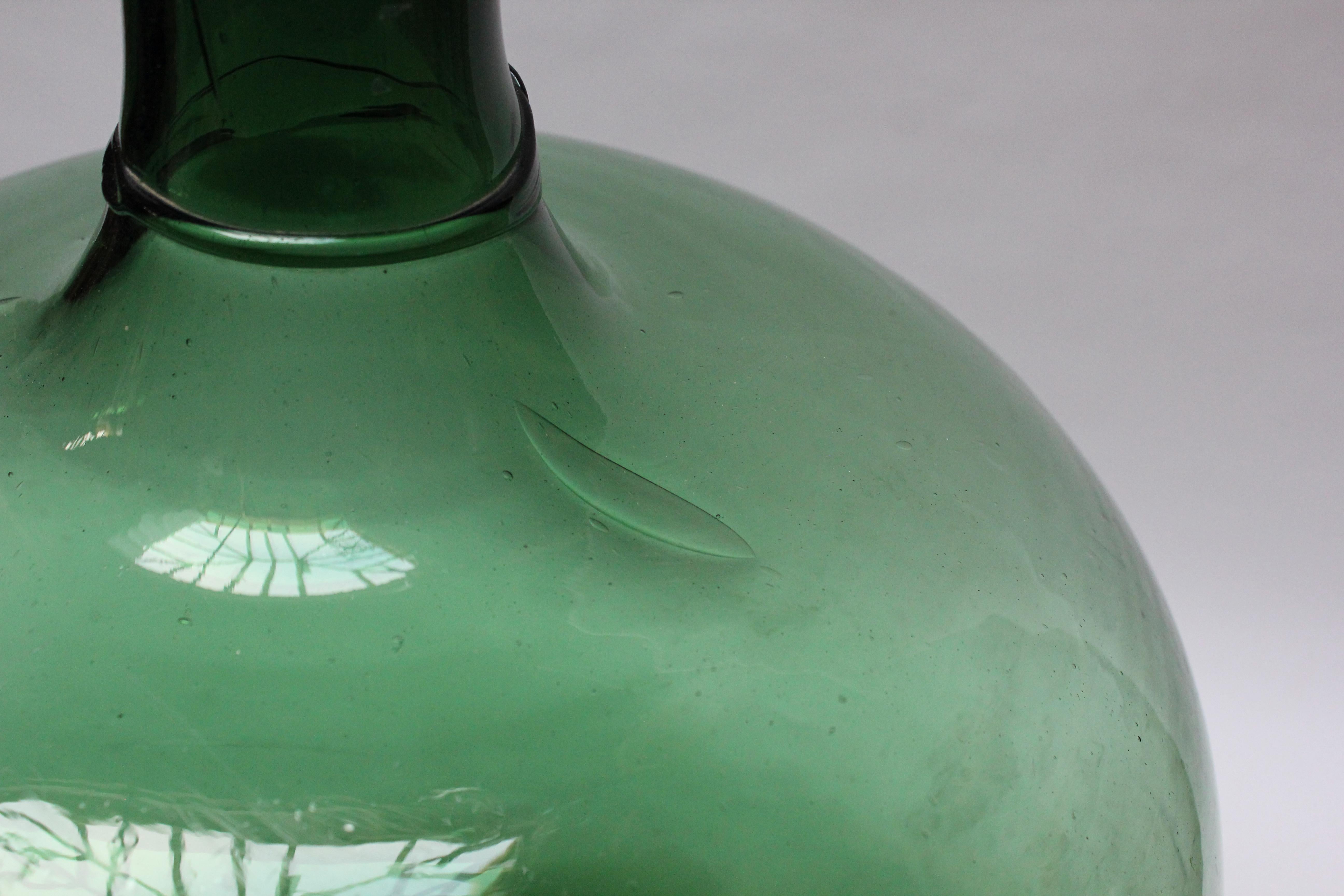 Antique Mouth Blown Glass Bulbous Demijohn in Emerald Green 5