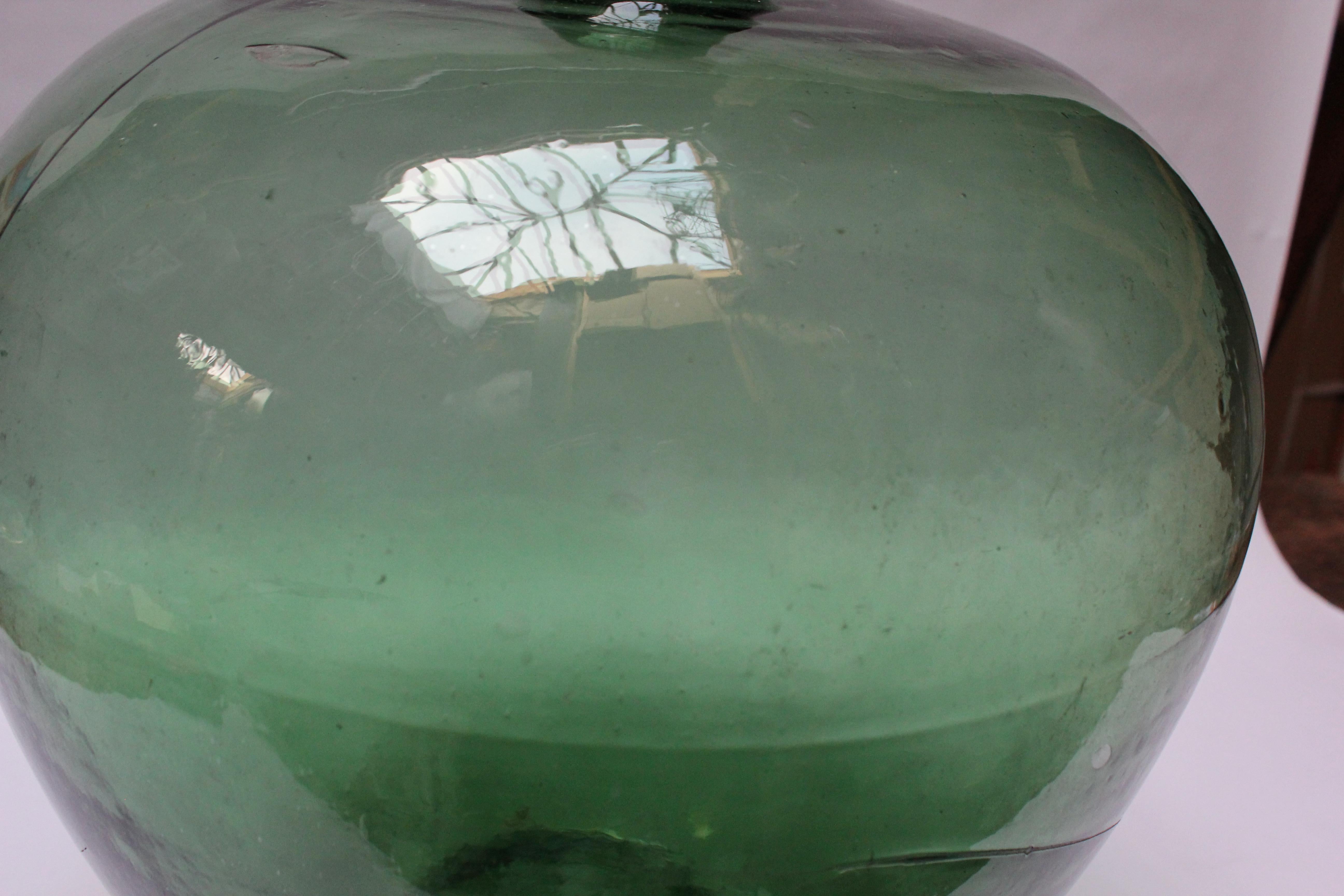Antique Mouth Blown Glass Bulbous Demijohn in Emerald Green 7