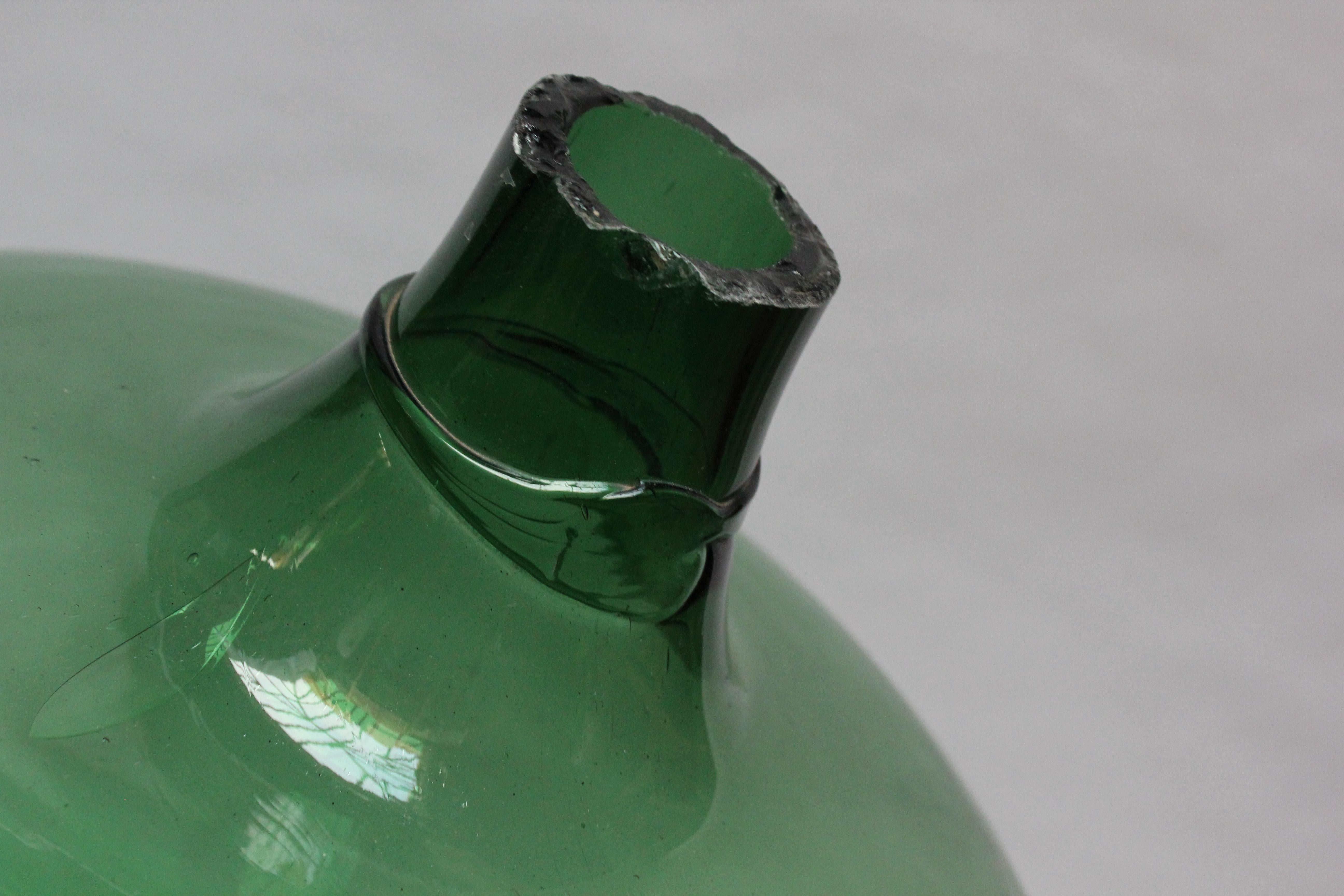 Antique Mouth Blown Glass Bulbous Demijohn in Emerald Green 12