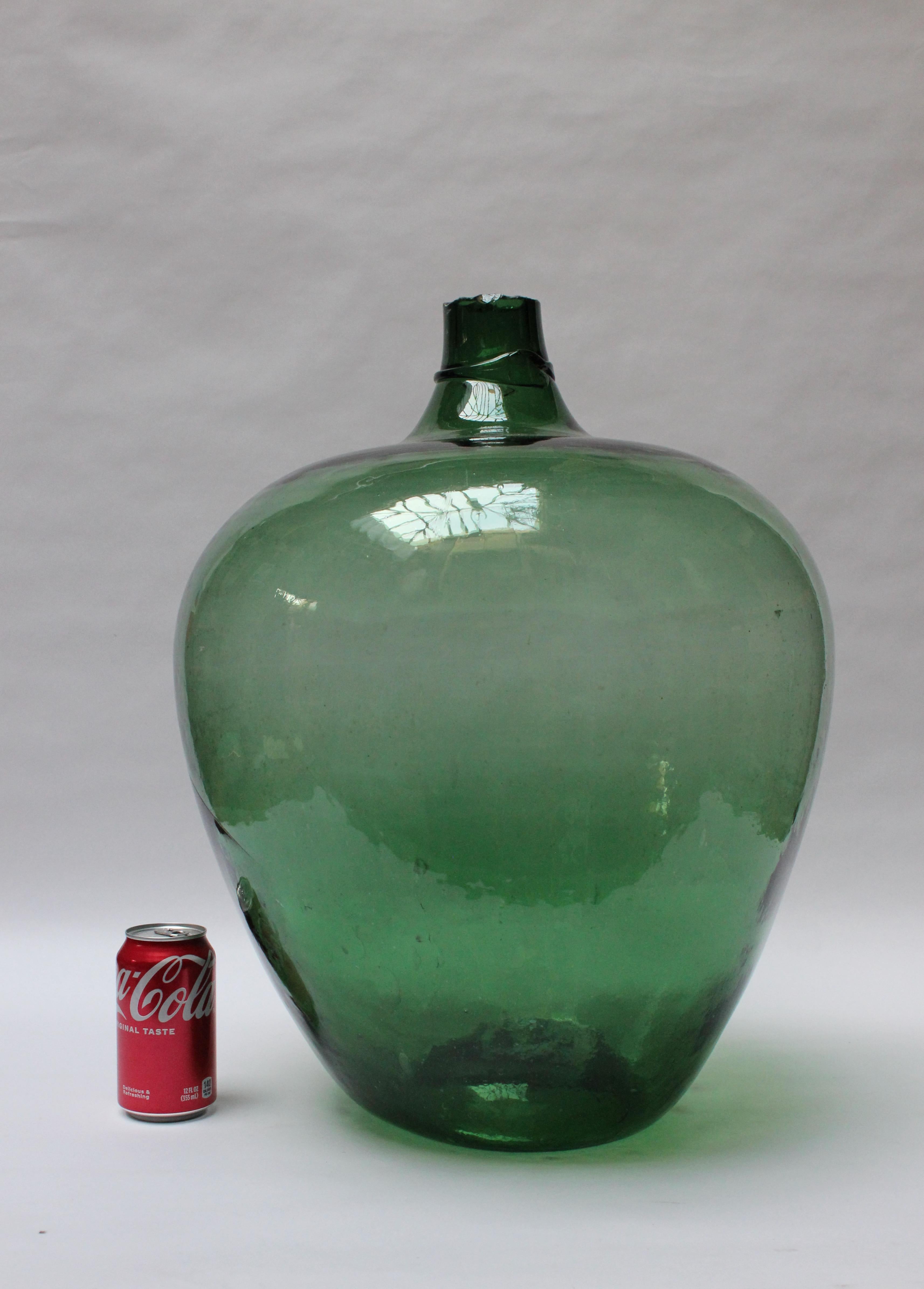 French Provincial Antique Mouth Blown Glass Bulbous Demijohn in Emerald Green