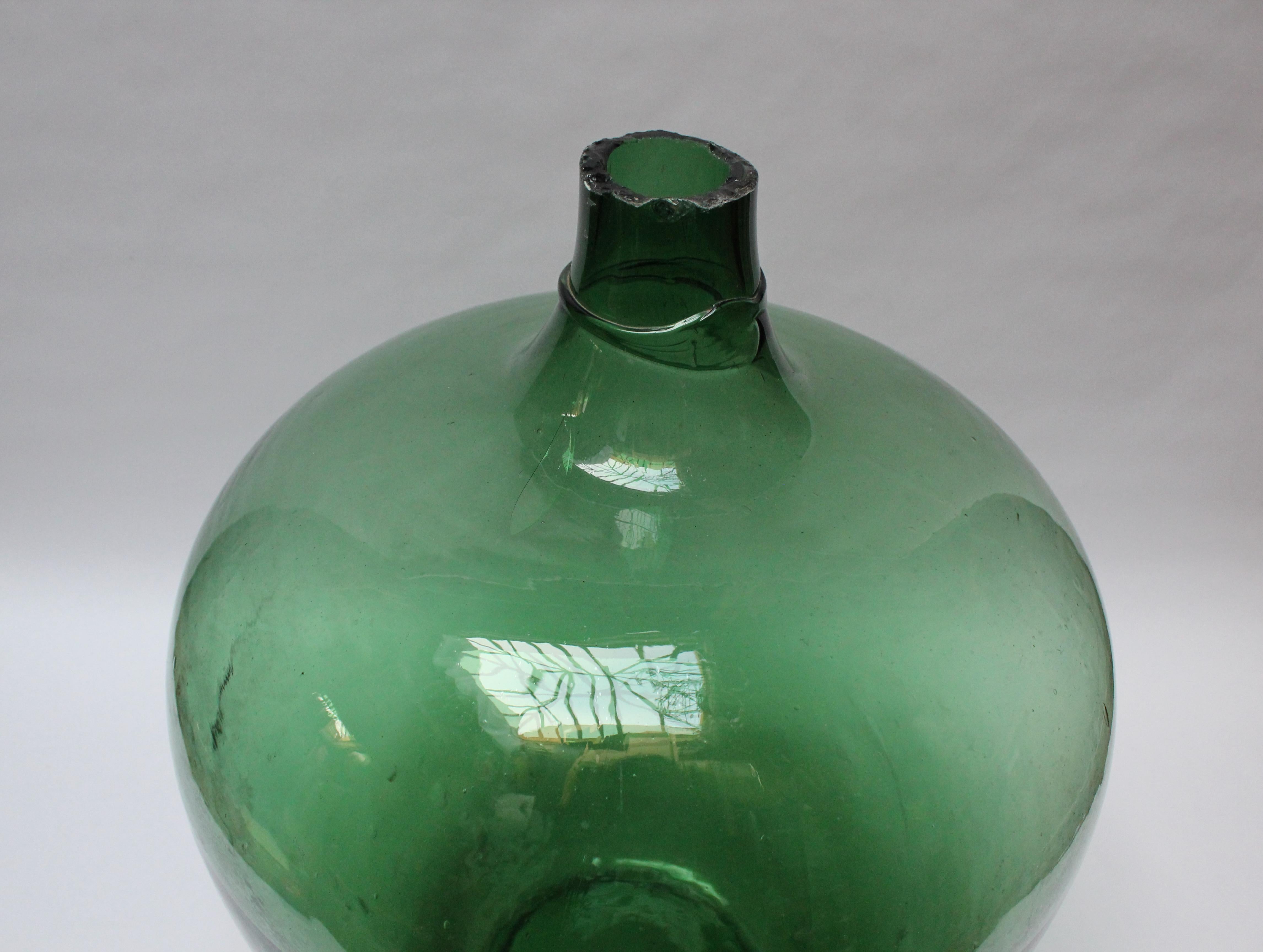 French Antique Mouth Blown Glass Bulbous Demijohn in Emerald Green