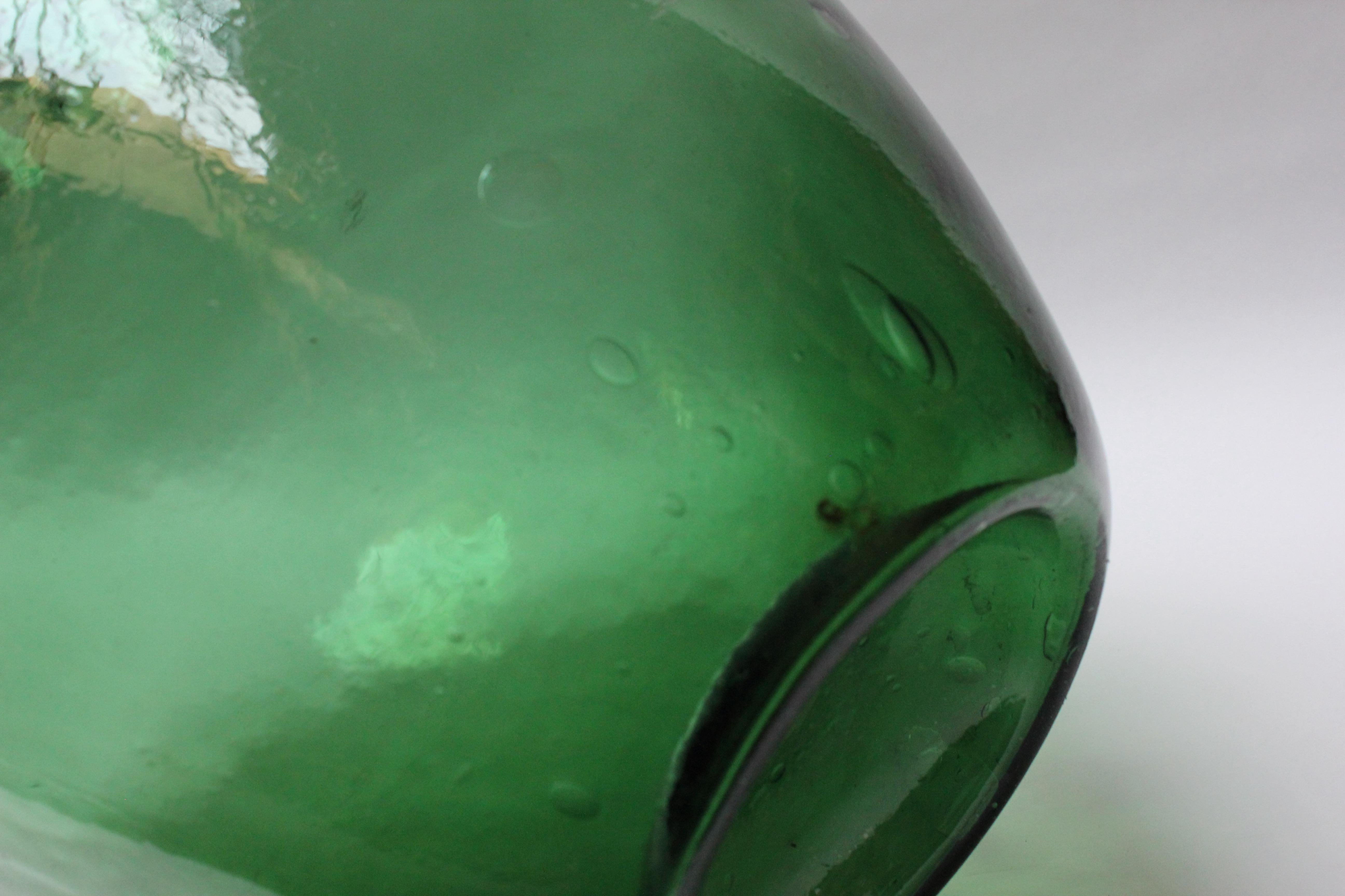 19th Century Antique Mouth Blown Glass Bulbous Demijohn in Emerald Green