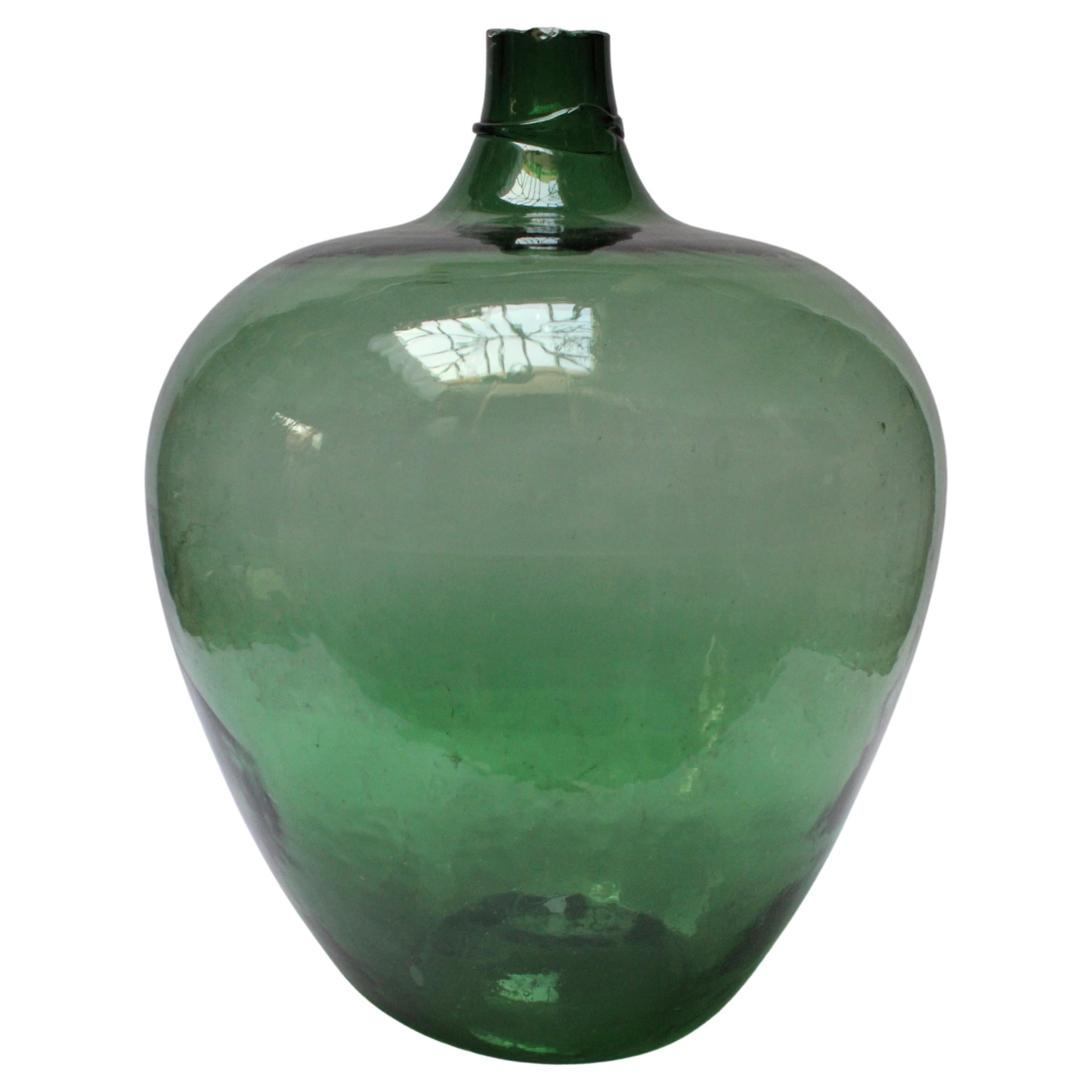 Antique Mouth Blown Glass Bulbous Demijohn in Emerald Green