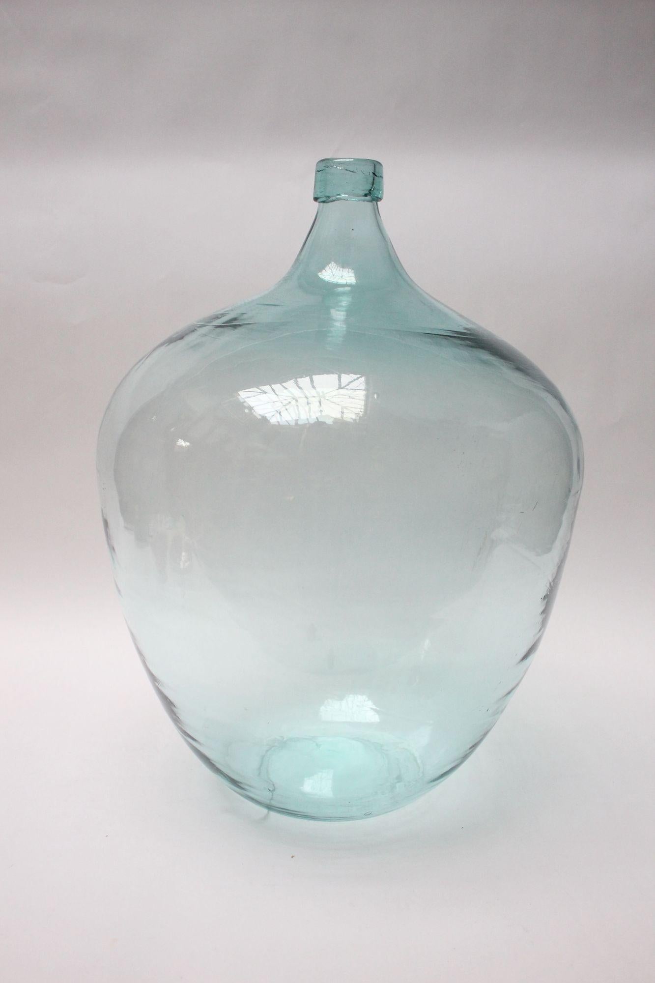 Antique Mouth Blown Glass Bulbous Demijohn in Ice Blue 12