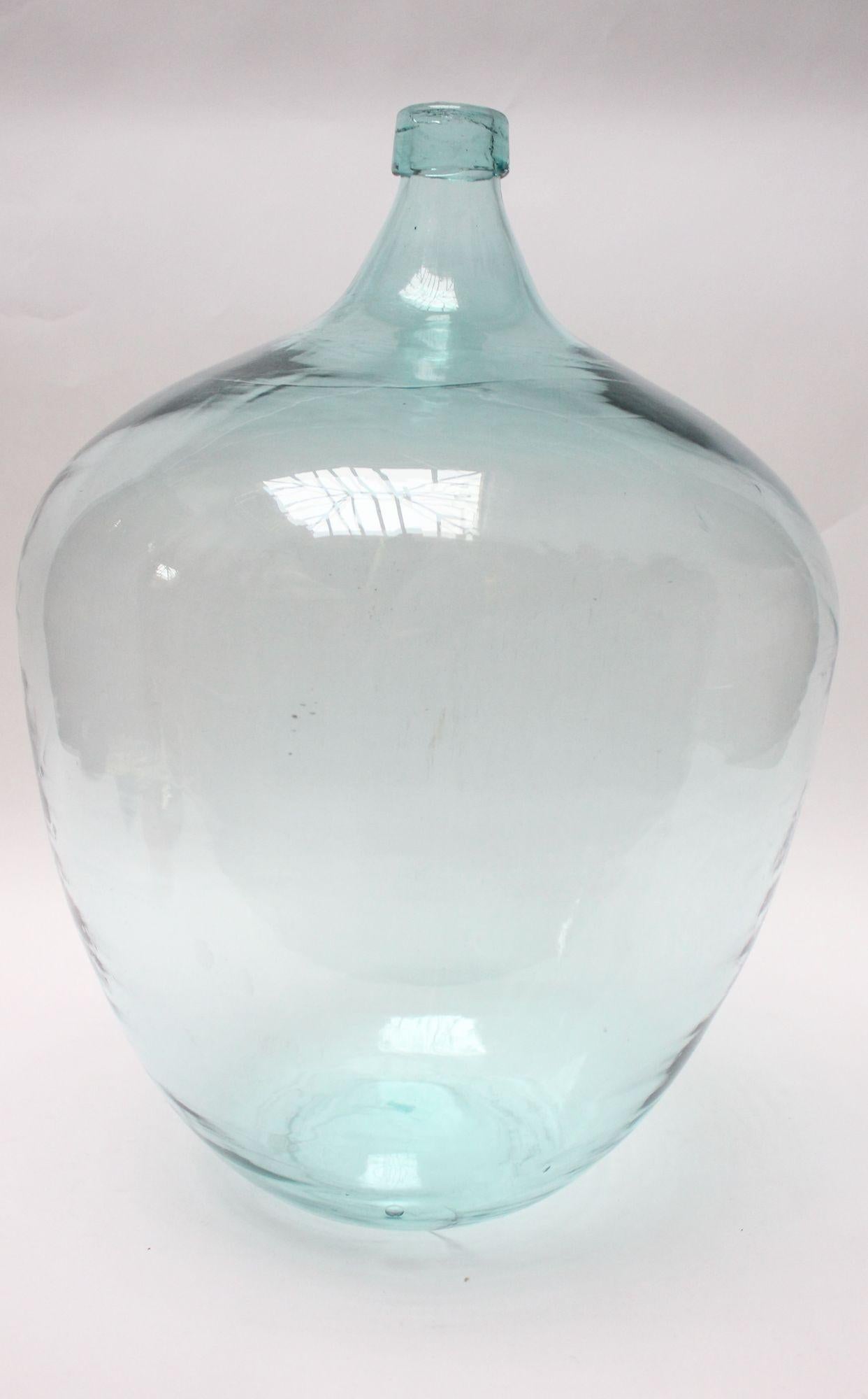 Antique Mouth Blown Glass Bulbous Demijohn in Ice Blue 13