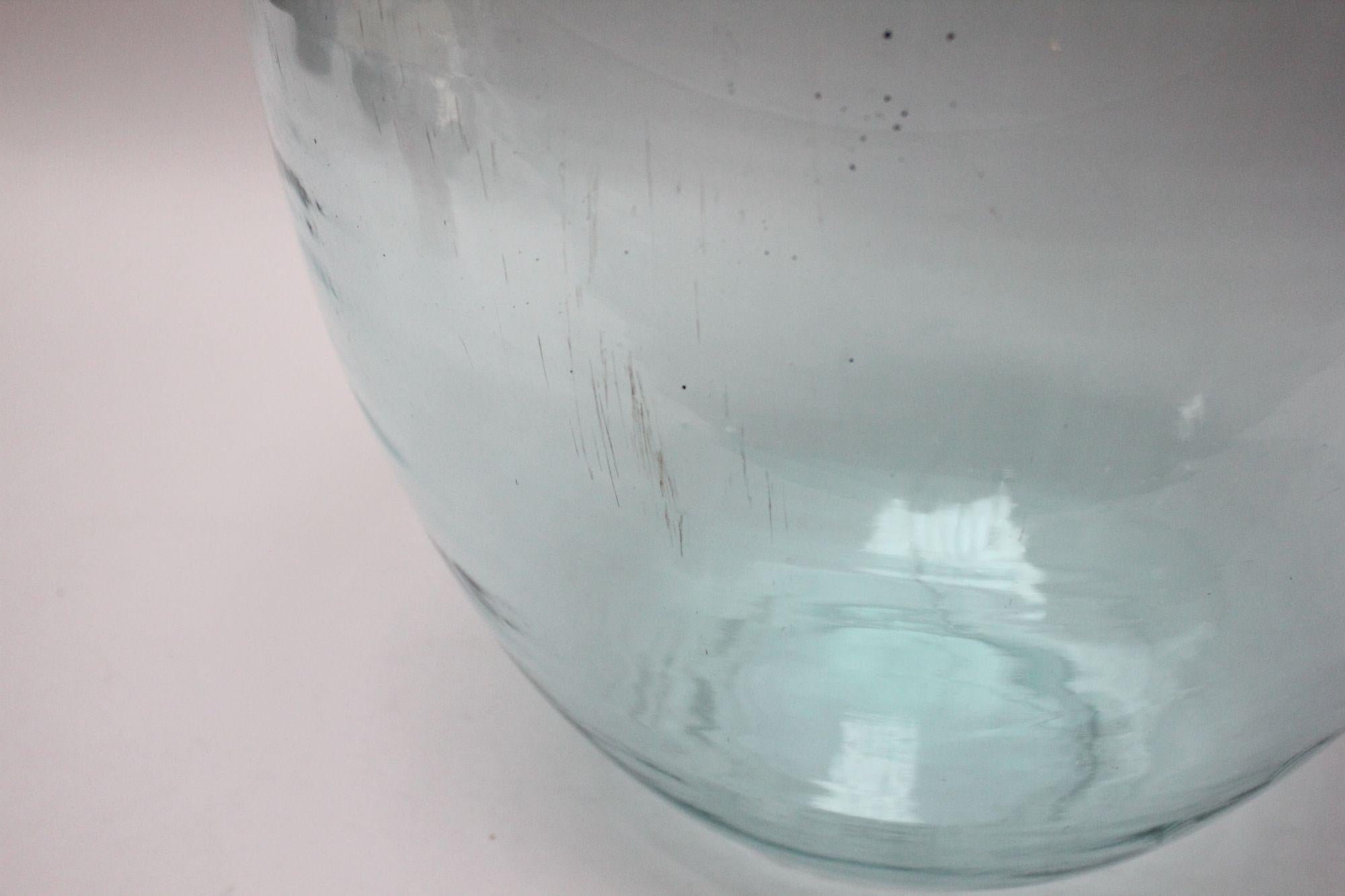Antique Mouth Blown Glass Bulbous Demijohn in Ice Blue 14
