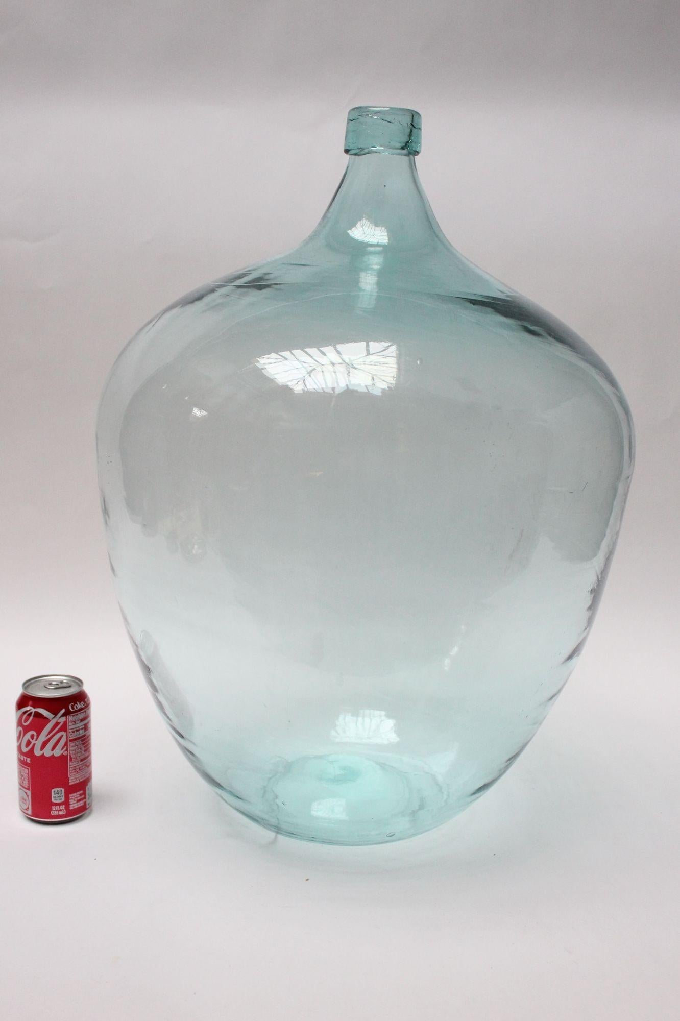 French Provincial Antique Mouth Blown Glass Bulbous Demijohn in Ice Blue