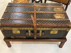 Antique Moynat Steamer Trunk on Custom Stand Early 1900s French Checkered Canvas