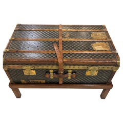 Antique Moynat Steamer Trunk on Custom Stand Early 1900s French Checkered Canvas