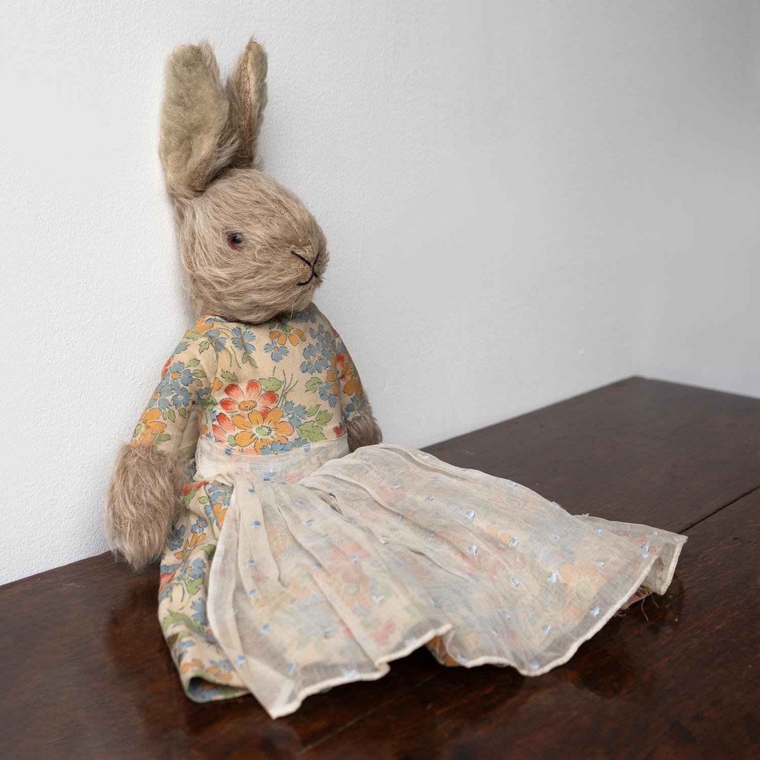 Antique Mrs Rabbit Teddy Bear/Bunny Doll in a Floral Dress, Circa 1920s 3