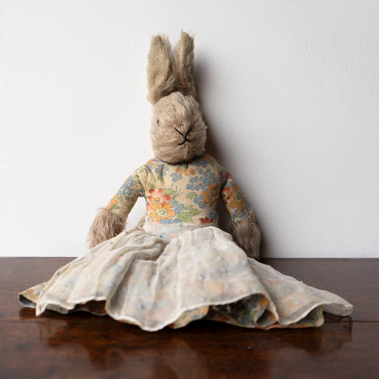 Antique Mrs Rabbit Teddy Bear/Bunny Doll in a Floral Dress, Circa 1920s 4