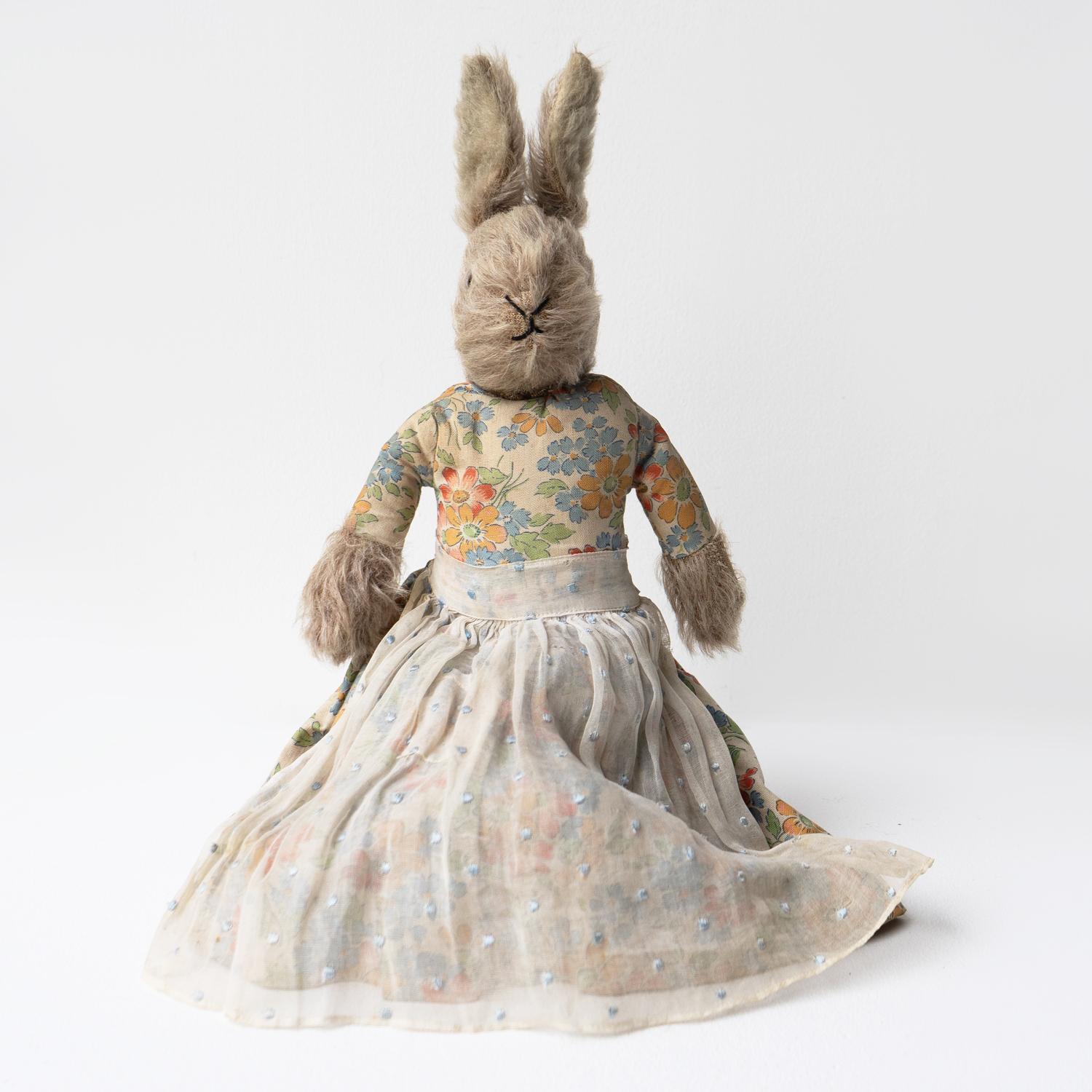 Folk Art Antique Mrs Rabbit Teddy Bear/Bunny Doll in a Floral Dress, Circa 1920s