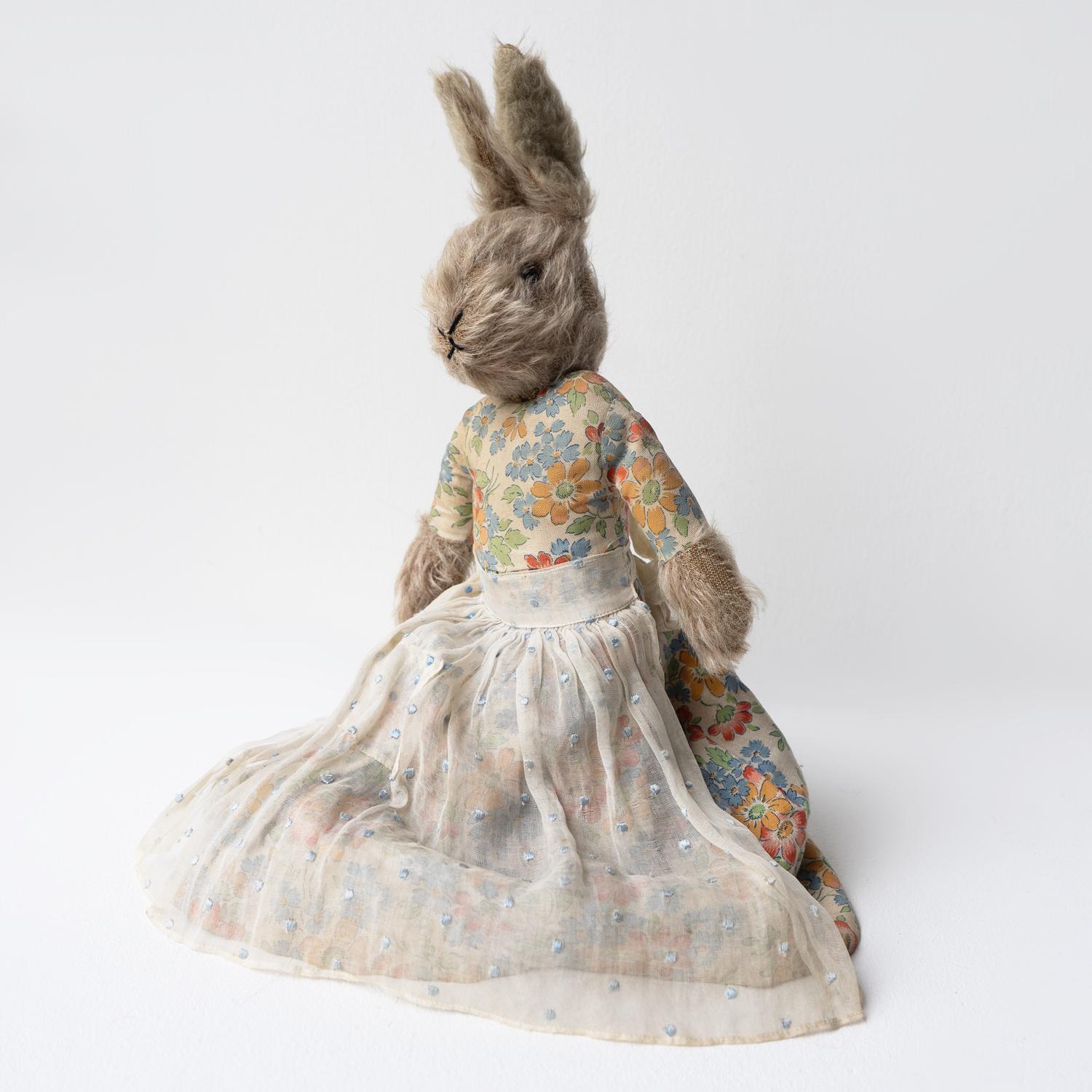 English Antique Mrs Rabbit Teddy Bear/Bunny Doll in a Floral Dress, Circa 1920s