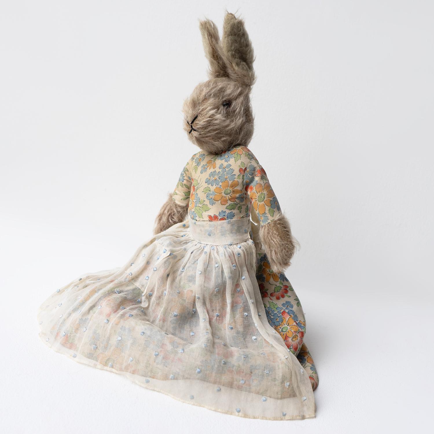 Hand-Crafted Antique Mrs Rabbit Teddy Bear/Bunny Doll in a Floral Dress, Circa 1920s