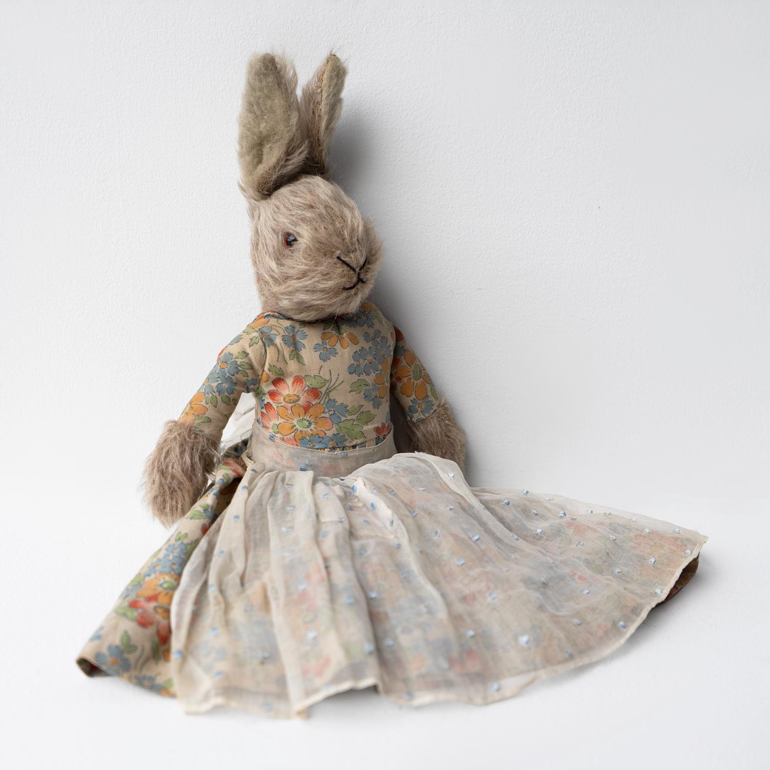 20th Century Antique Mrs Rabbit Teddy Bear/Bunny Doll in a Floral Dress, Circa 1920s