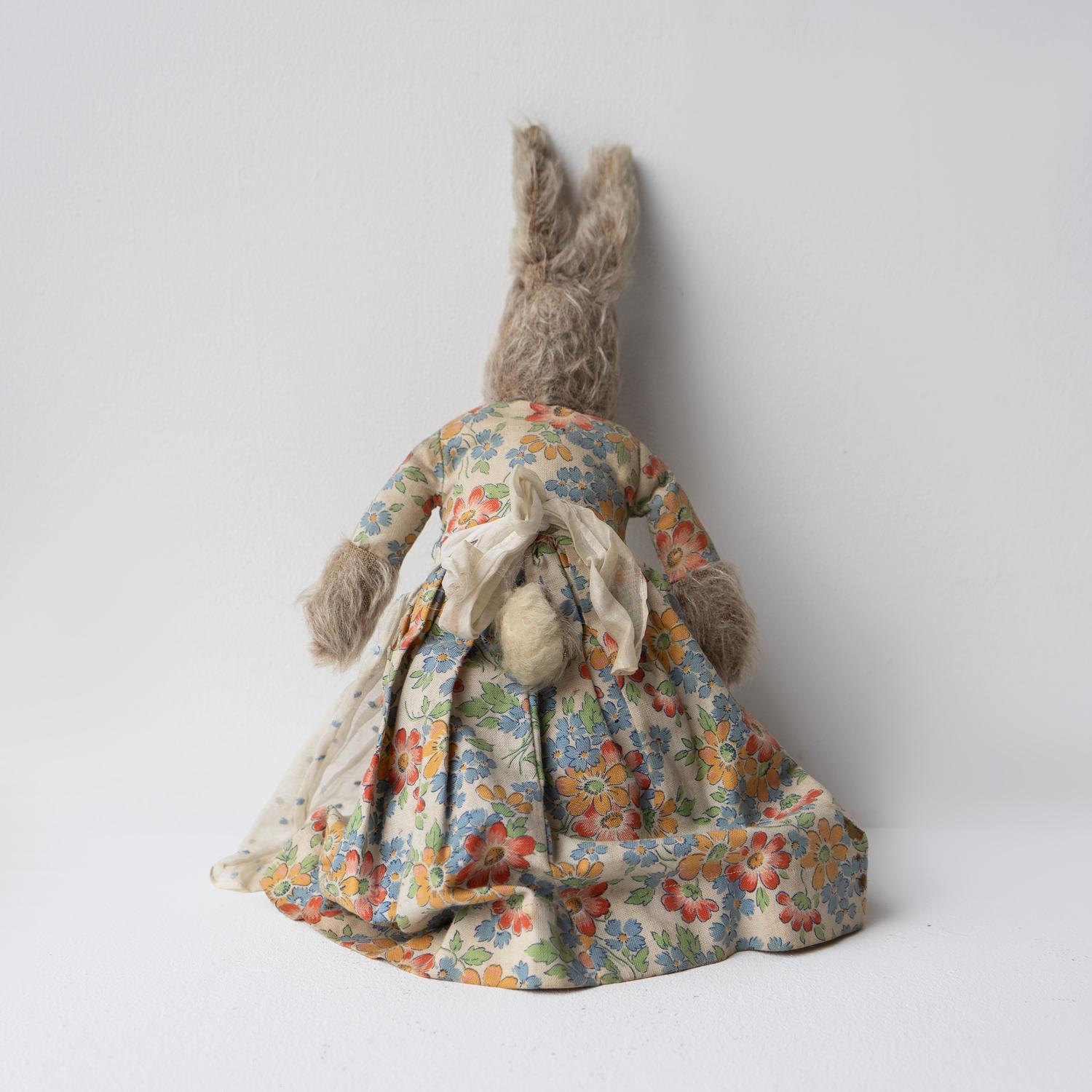 Antique Mrs Rabbit Teddy Bear/Bunny Doll in a Floral Dress, Circa 1920s 1