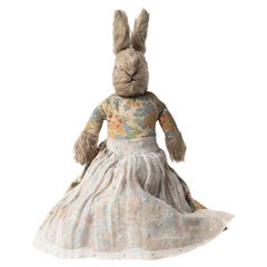 Antique Mrs Rabbit Teddy Bear/Bunny Doll in a Floral Dress, Circa 1920s