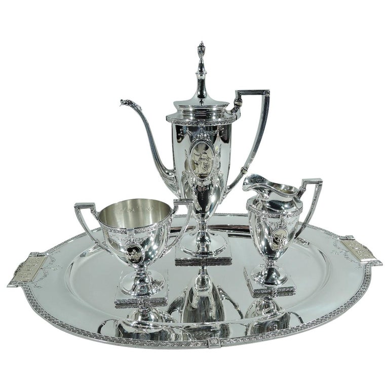 Antique Mt Vernon Pompeiian Sterling Silver 3Piece Coffee Set on Tray For Sale at 1stDibs