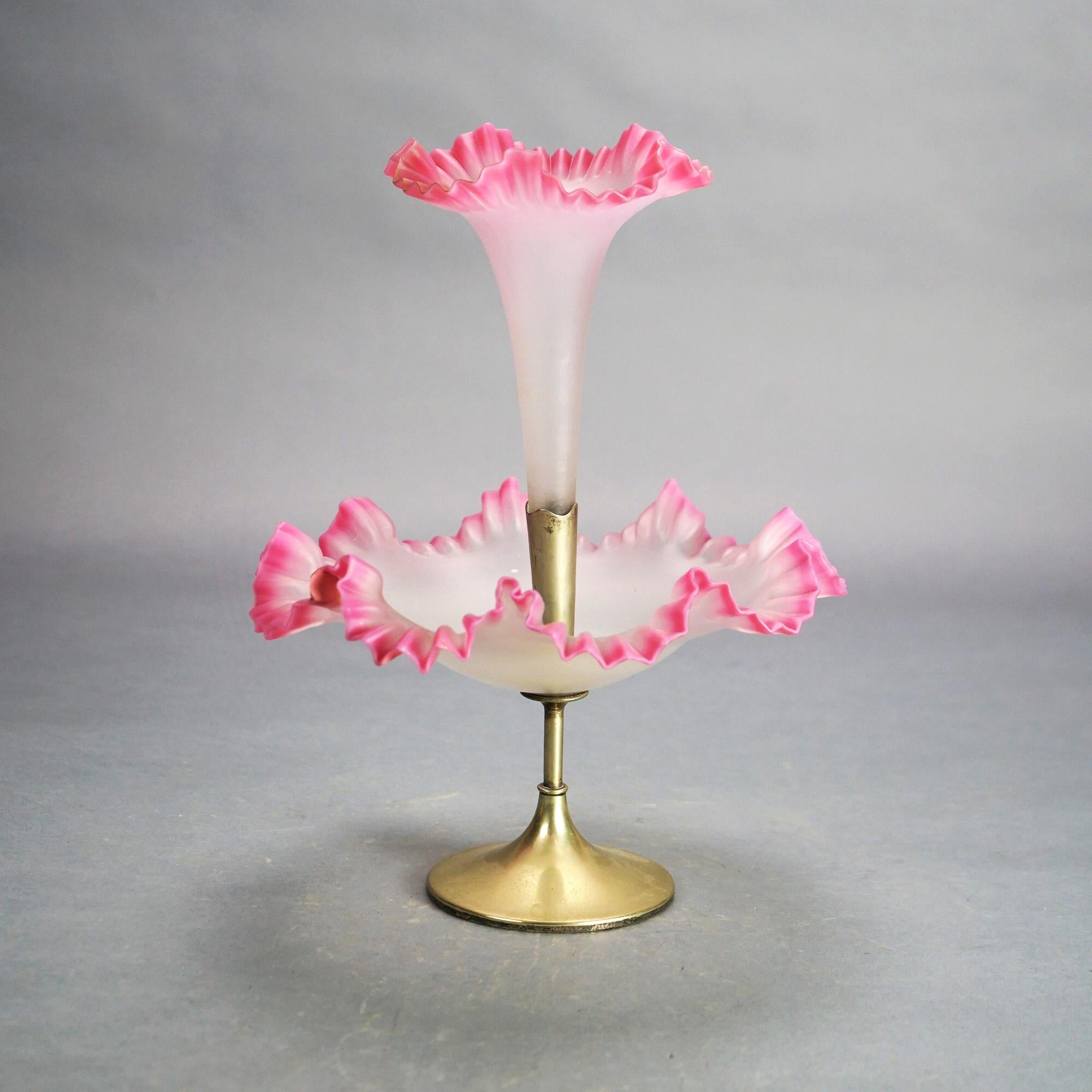 Antique Mt. Washington School Burmese Pink Rimmed Opalescent Glass Epergne C1930 6