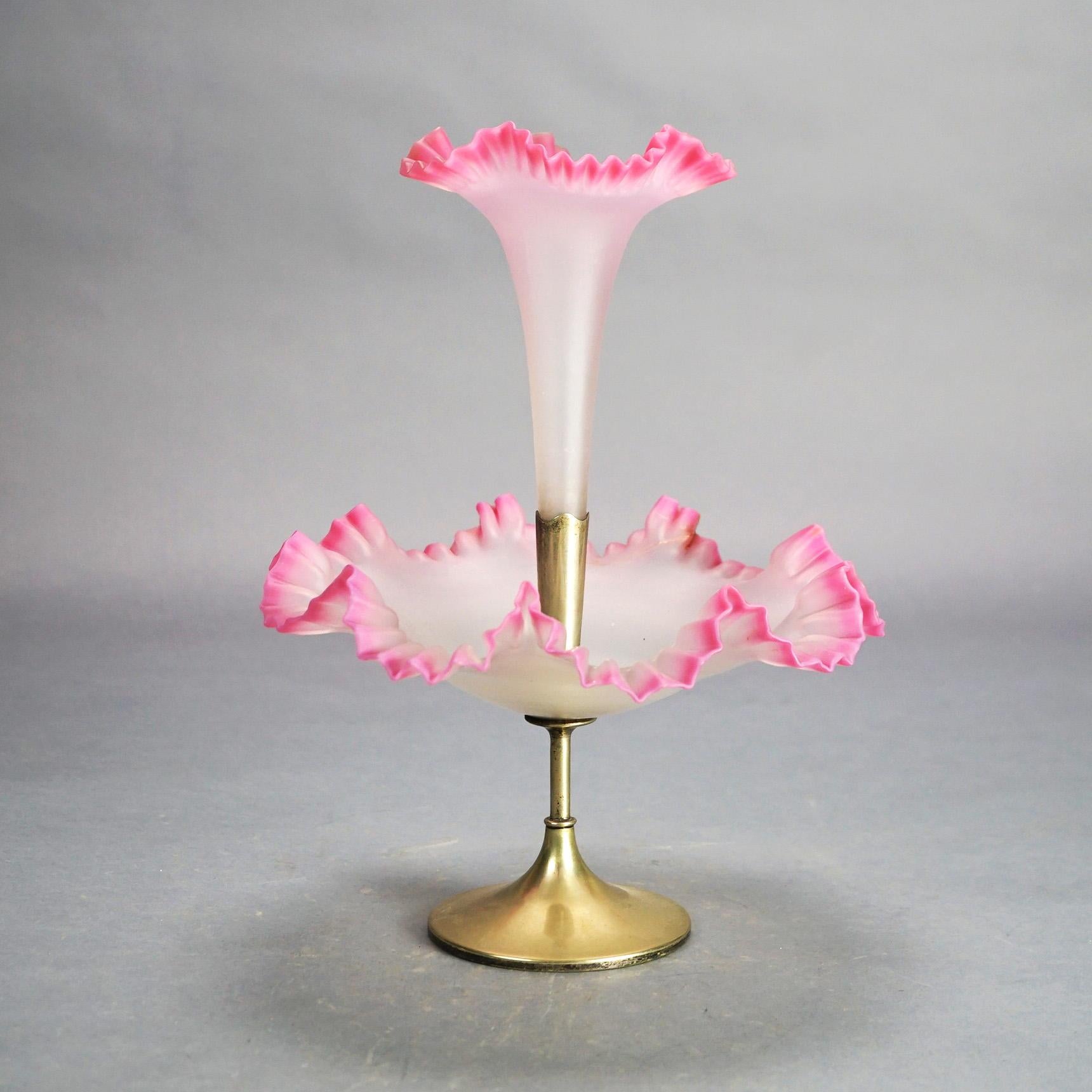 Antique Burmese Pink Ruffled Rimmed Opalescent Glass Epergne in the manner of Mt. Washington, C1930

Measures - 14