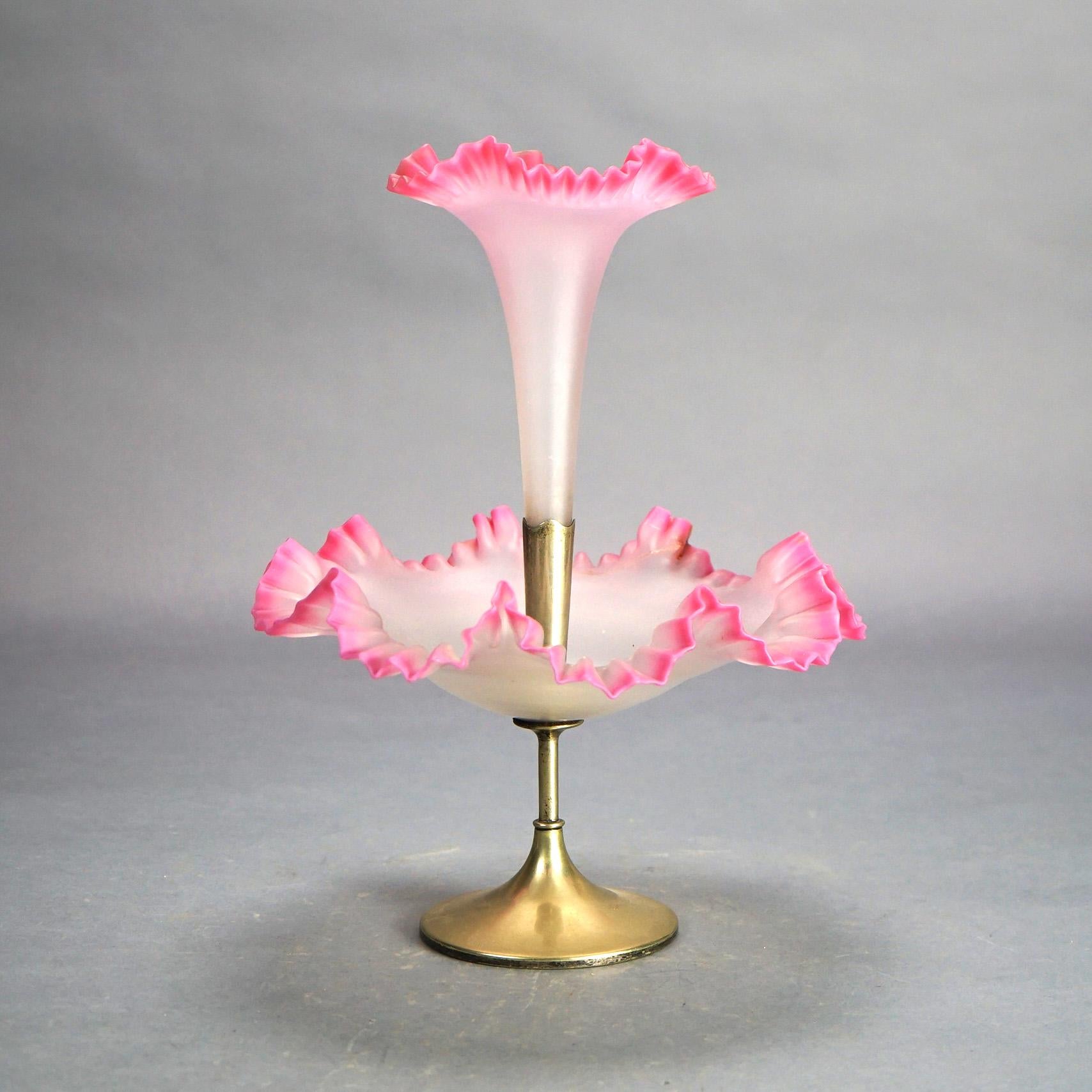 Antique Mt. Washington School Burmese Pink Rimmed Opalescent Glass Epergne C1930 In Good Condition In Big Flats, NY