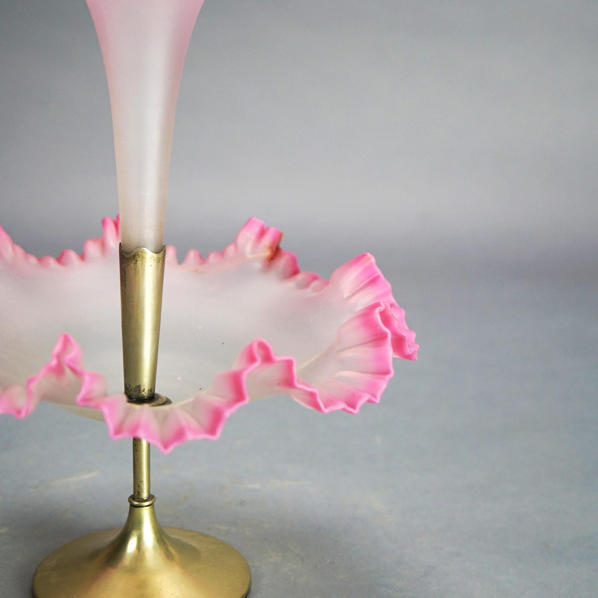 Antique Mt. Washington School Burmese Pink Rimmed Opalescent Glass Epergne C1930 1