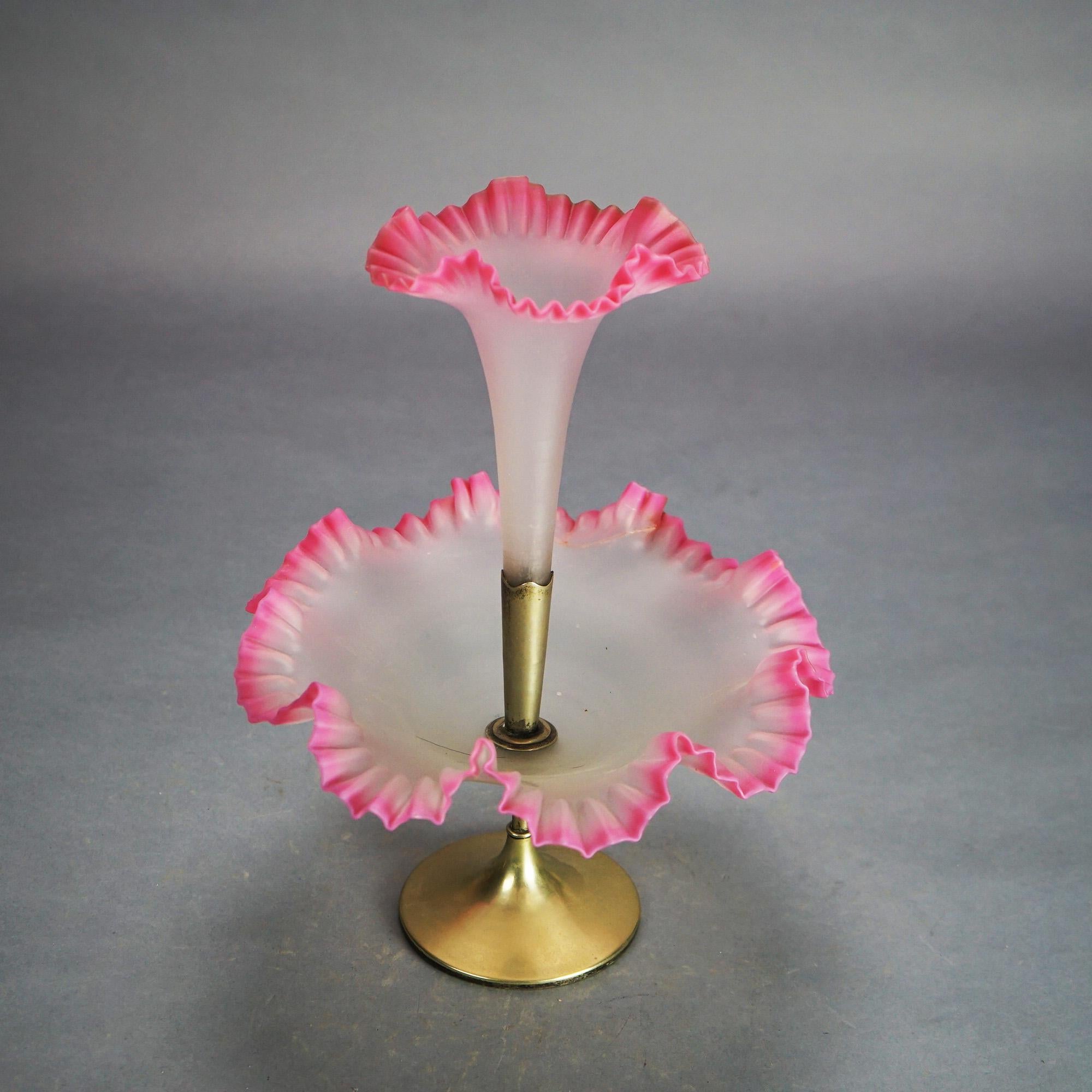 Antique Mt. Washington School Burmese Pink Rimmed Opalescent Glass Epergne C1930 4