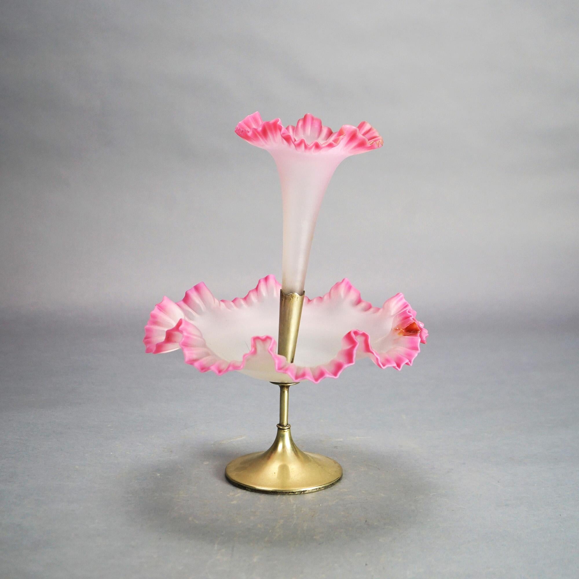 Antique Mt. Washington School Burmese Pink Rimmed Opalescent Glass Epergne C1930 5
