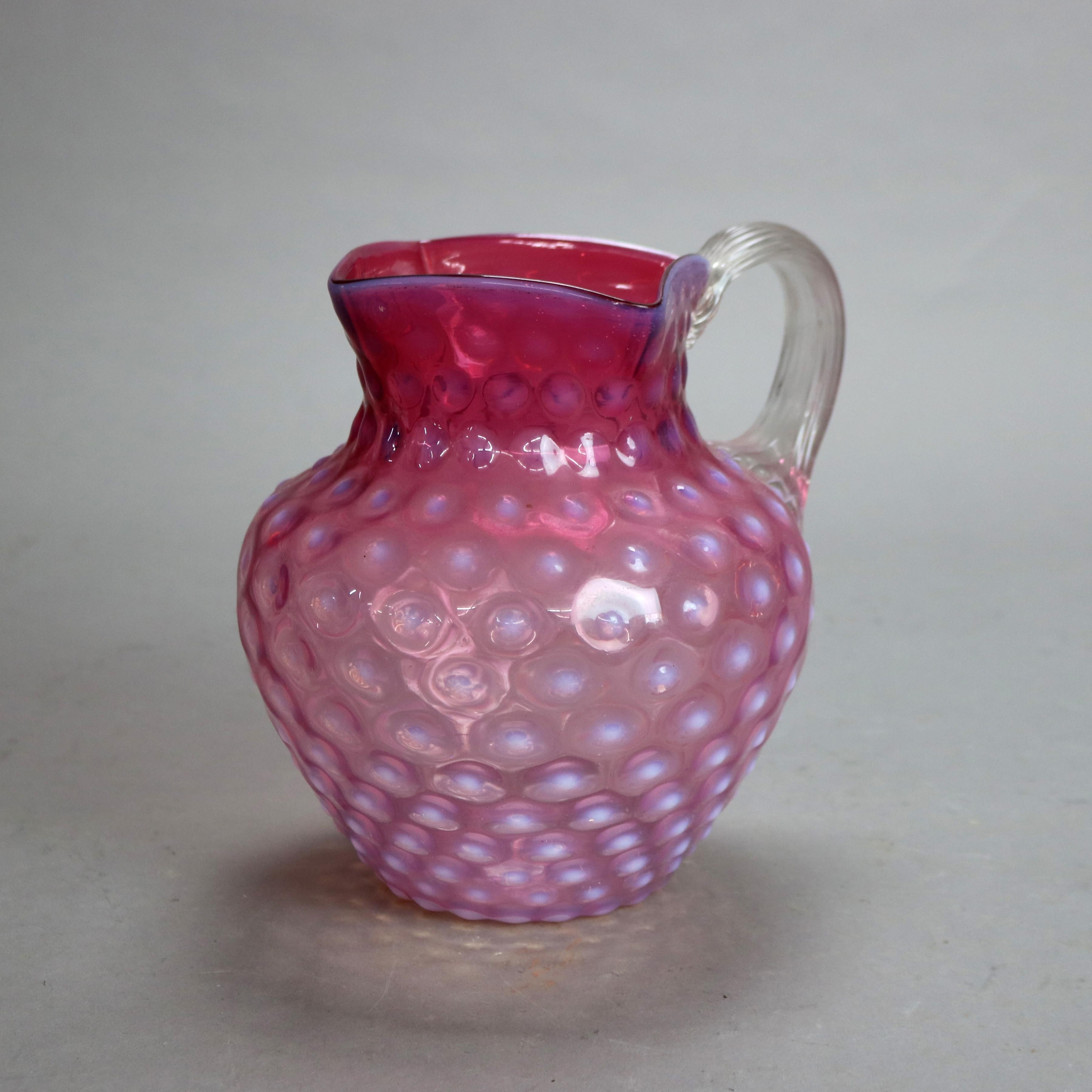 Antique Mt. Washington School Cranberry Hobnail Glass Water Pitcher C1900 In Good Condition For Sale In Big Flats, NY