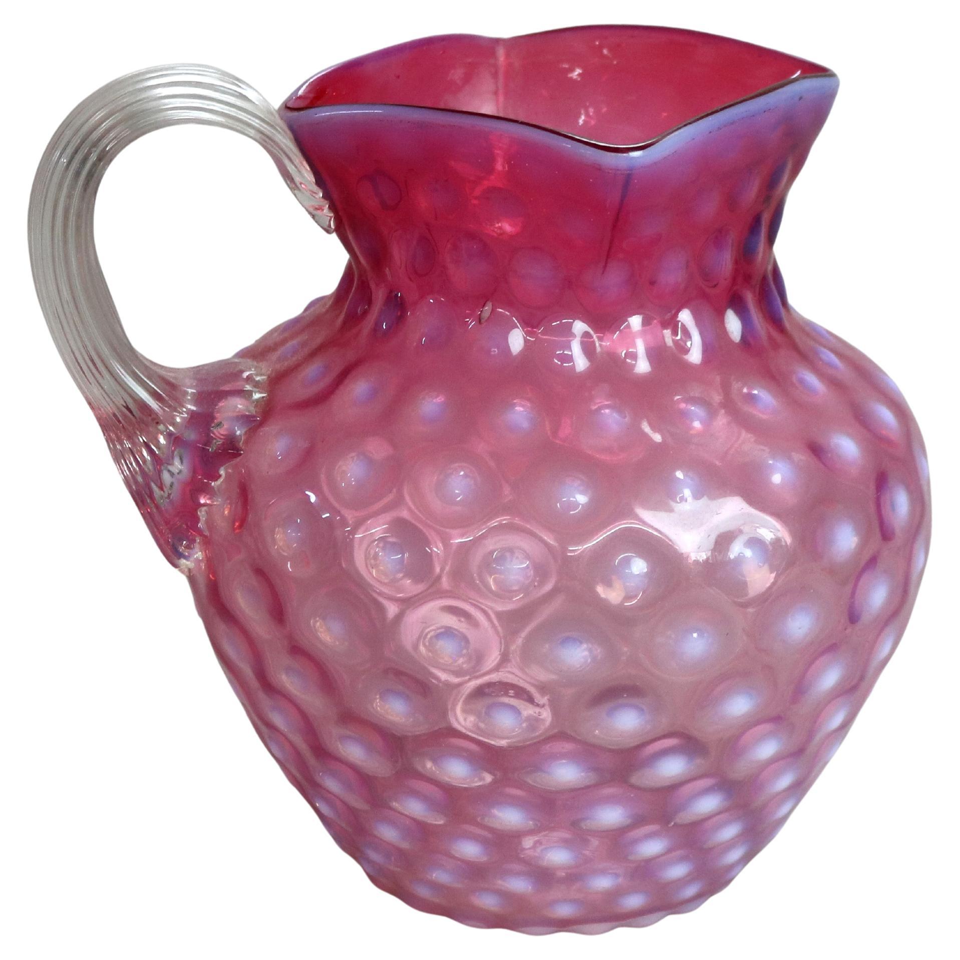 Antica brocca per acqua in vetro di Mt. Washington School Cranberry Hobnail C1900