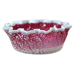 Antique Mt. Washington School Cranberry Opalescent Crimped Art Glass Bowl C1900