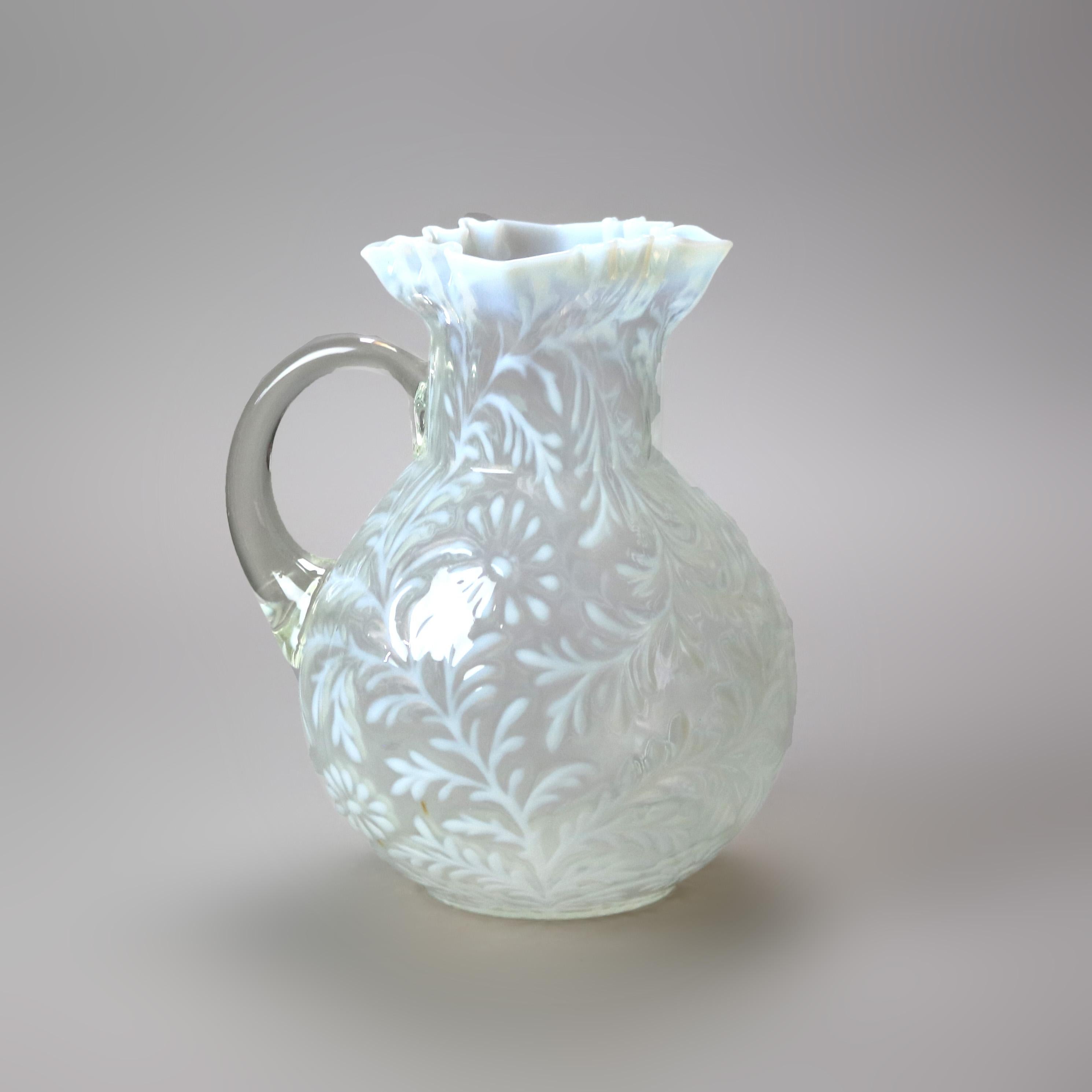 Antique Mt. Washington School Opalescent Snowflake Glass Water Pitcher with Stylized Flowers, Ruffled Rim and Applied Handle c1900

Measures - 9