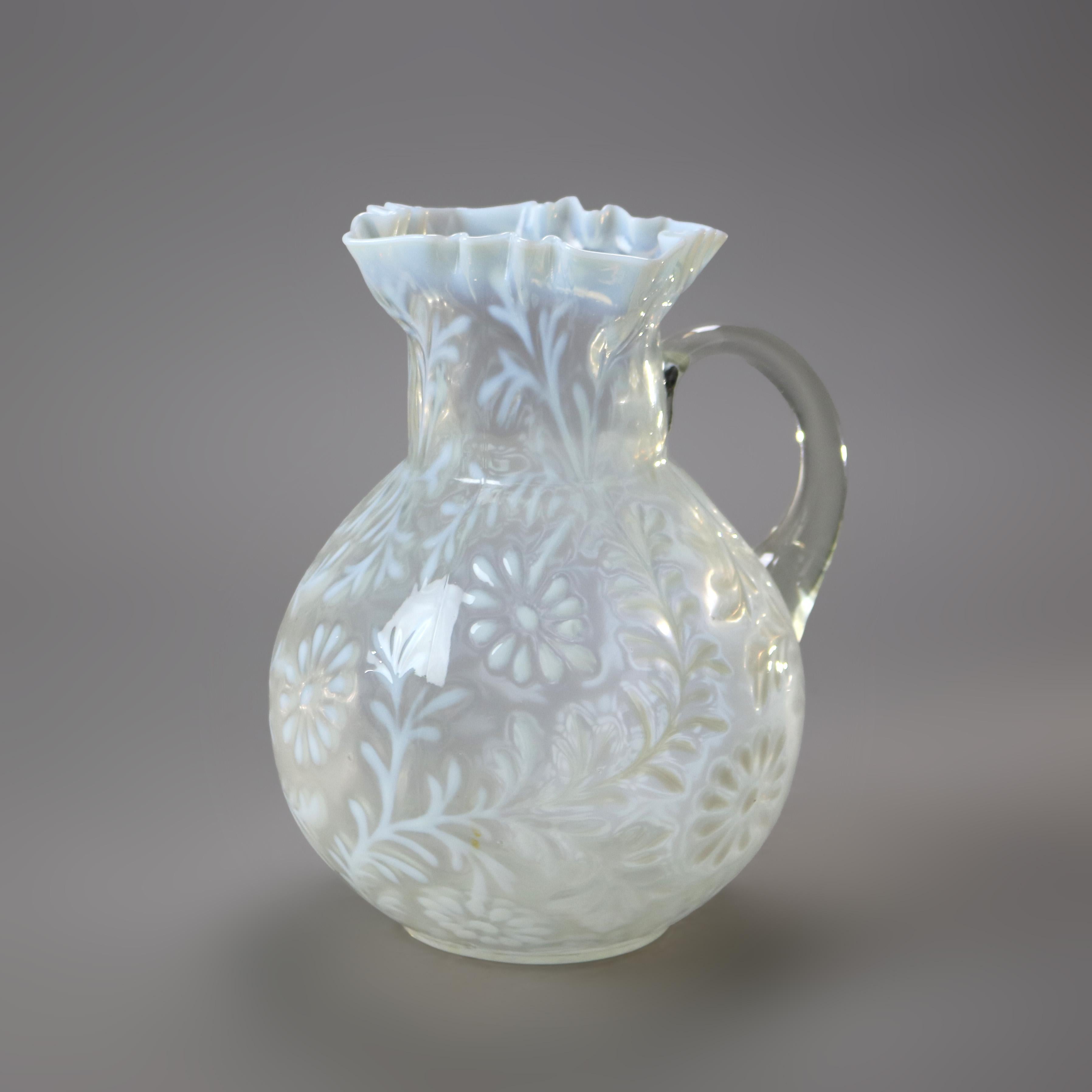 Antique Mt. Washington School Opalescent Snowflake Glass Water Pitcher c1900 In Good Condition In Big Flats, NY