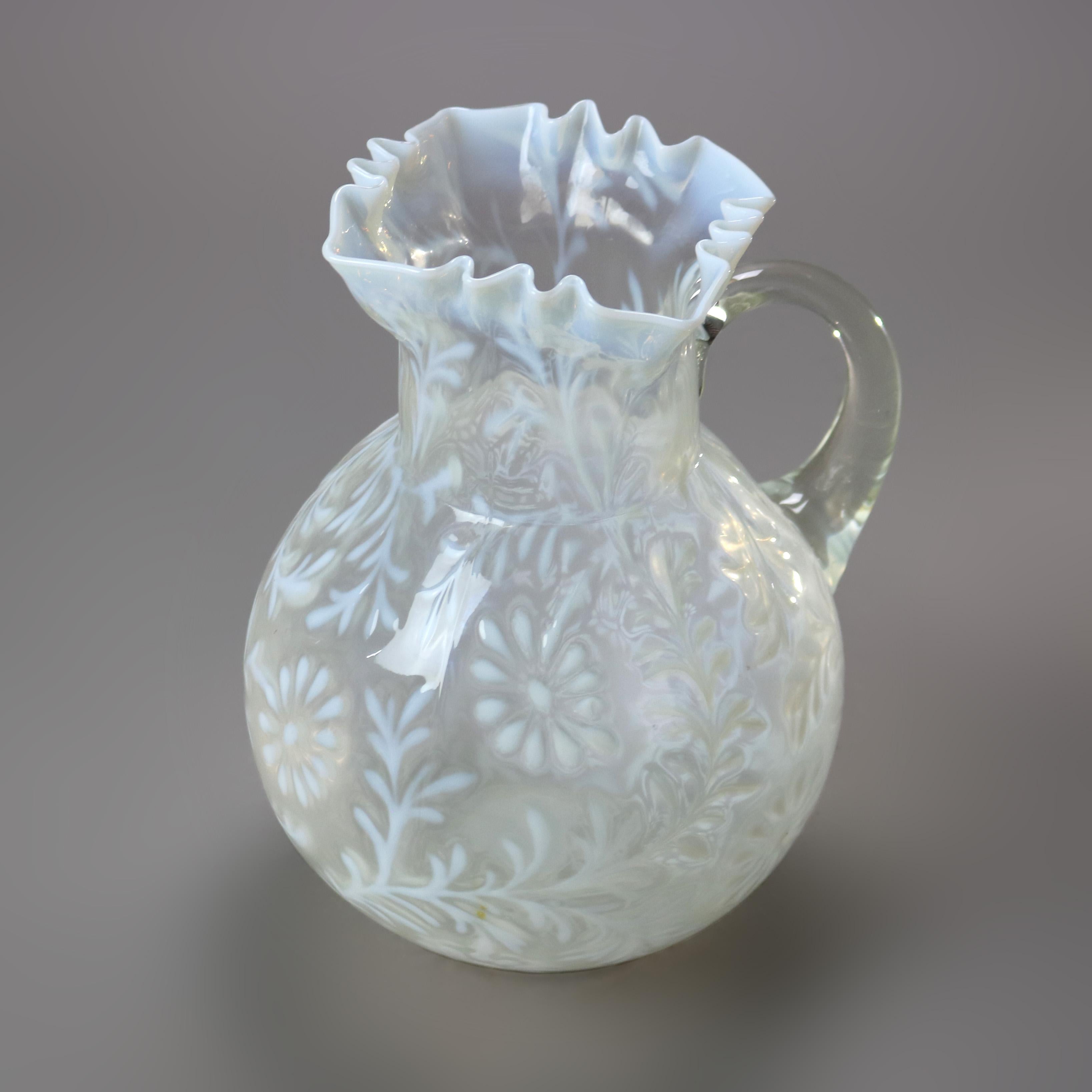 20th Century Antique Mt. Washington School Opalescent Snowflake Glass Water Pitcher c1900