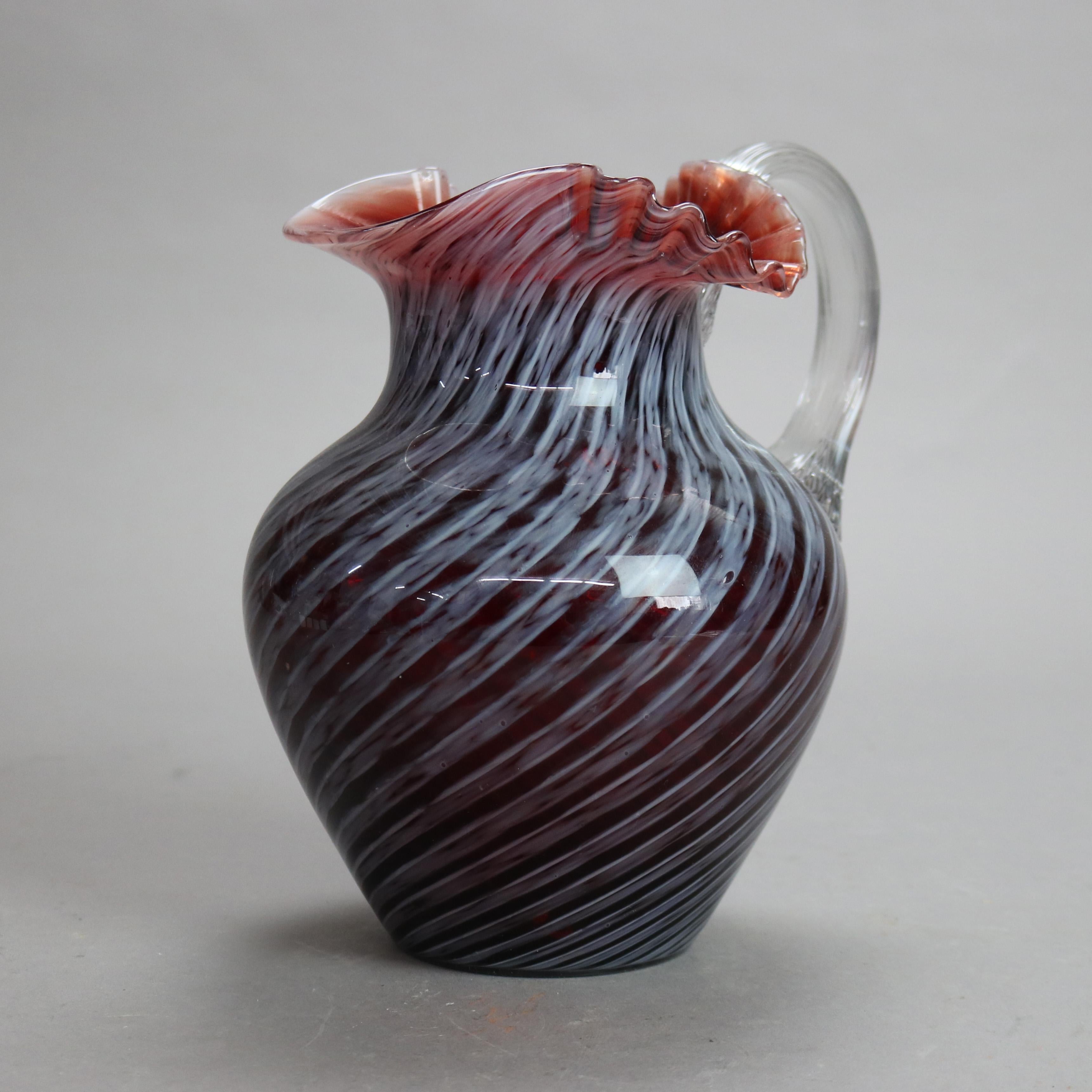 Antique Mt. Washington School Ruby & Opalescent Swirl Ruffle Top Art Glass Water Pitcher c1900

Measures - 8 3/8