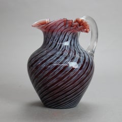 Antique Mt. Washington School Ruby & Opalescent Swirl Ruffle Top Glass Pitcher