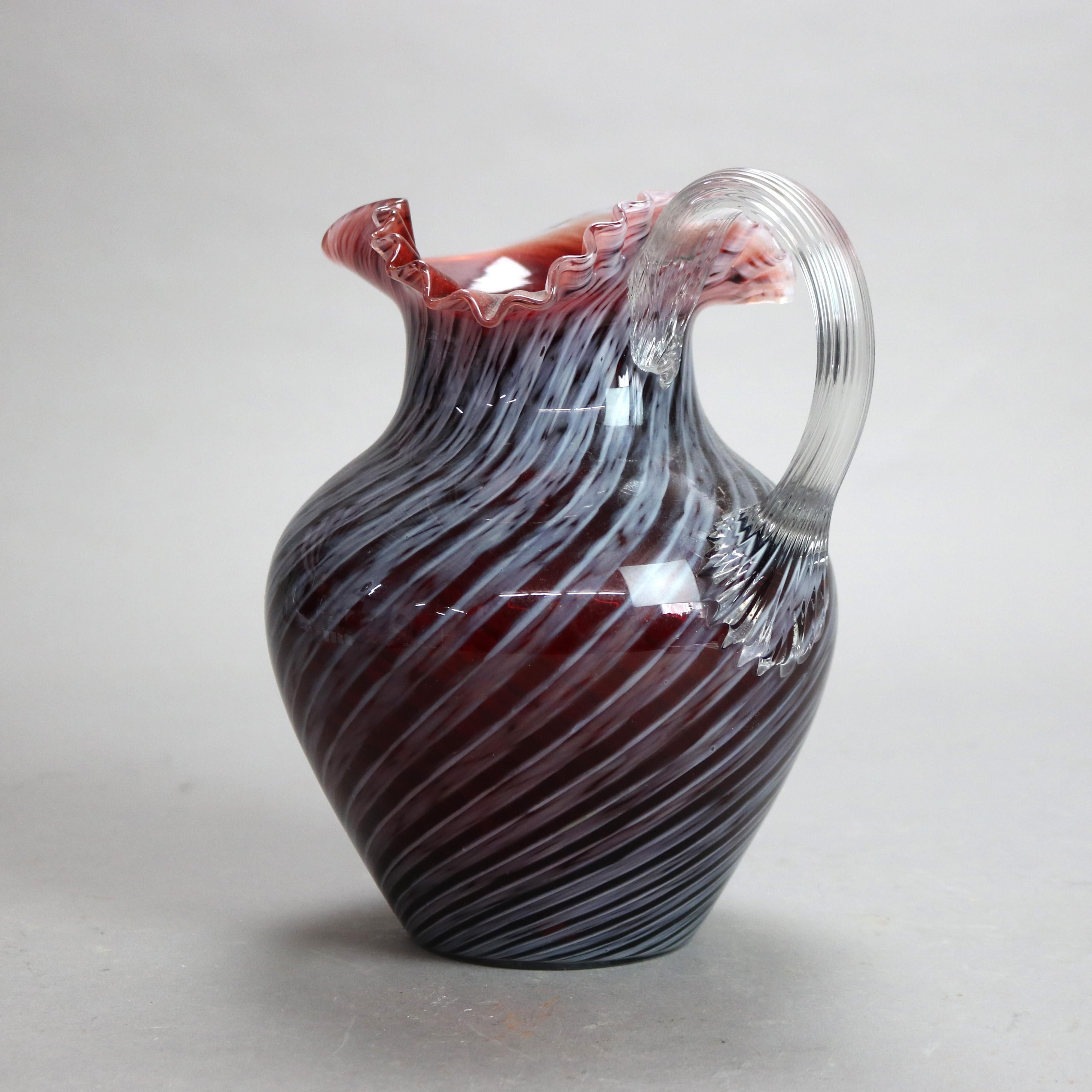 Antique Mt. Washington School Ruby & Opalescent Swirl Ruffle Top Glass Pitcher In Good Condition For Sale In Big Flats, NY