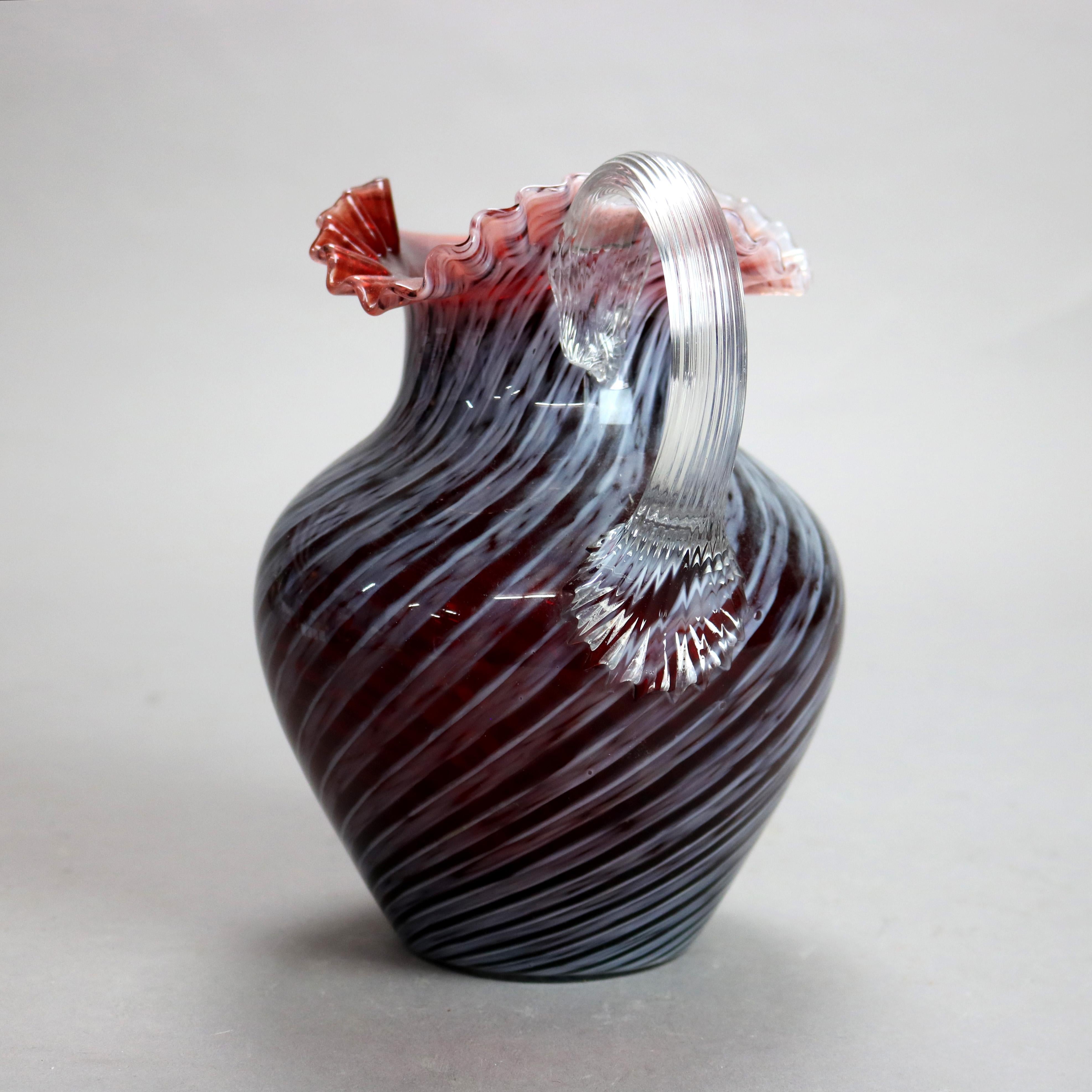 Art Glass Antique Mt. Washington School Ruby & Opalescent Swirl Ruffle Top Glass Pitcher For Sale